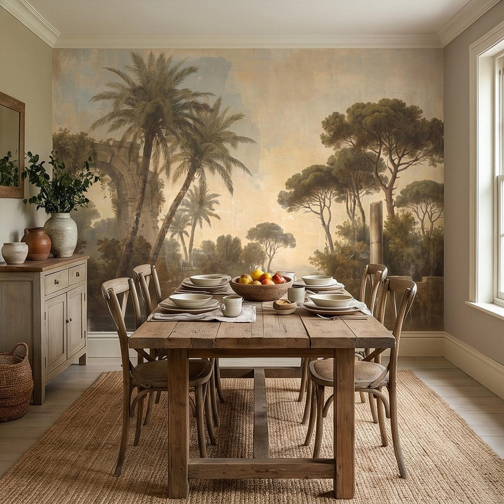 Vintage Mediterranean Landscape Peel and Stick Wall Mural, Palm Trees & Roman Ruins, Soft Sunset Garden Scene, Antique Fresco Wallpaper