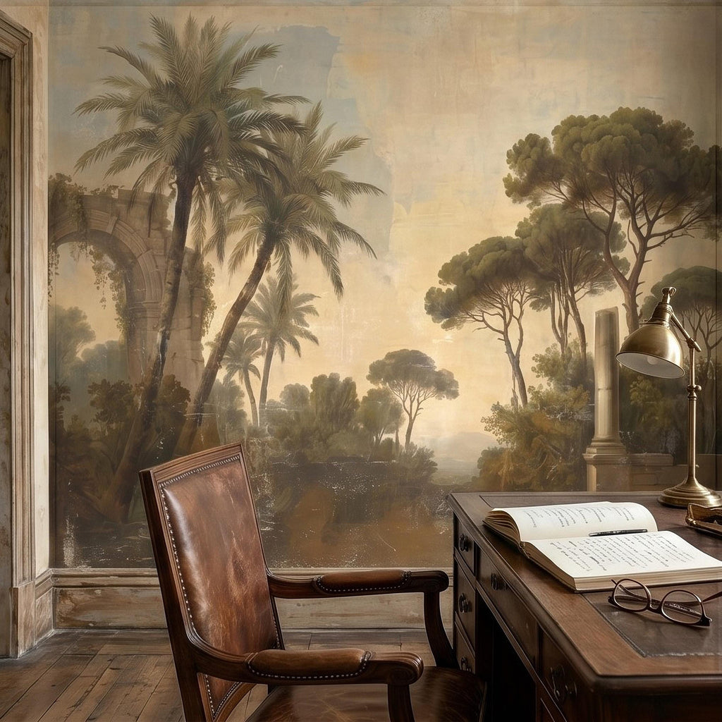 Vintage Mediterranean Landscape Peel and Stick Wall Mural, Palm Trees & Roman Ruins, Soft Sunset Garden Scene, Antique Fresco Wallpaper