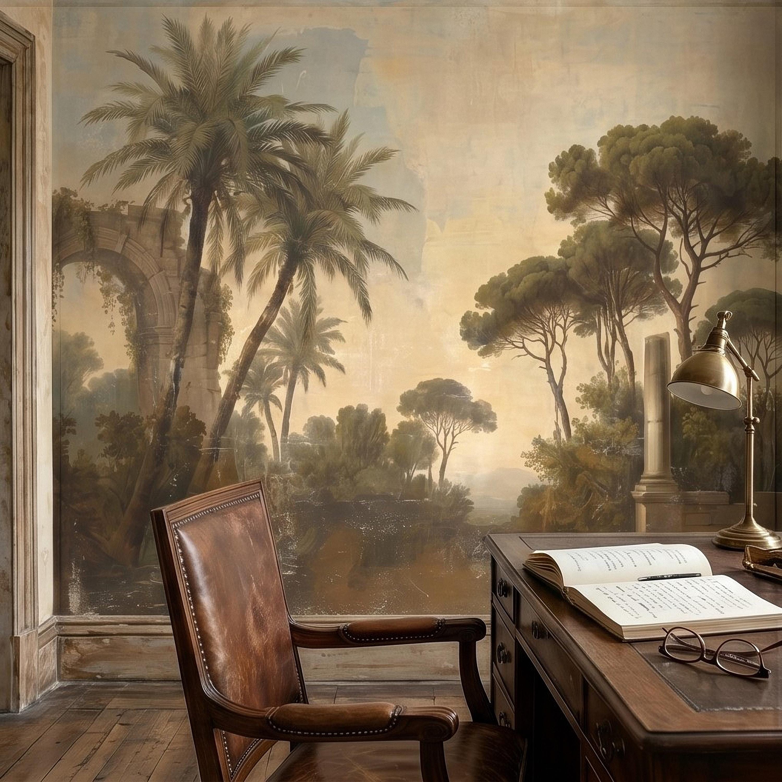 Vintage Mediterranean Landscape Peel and Stick Wall Mural, Palm Trees & Roman Ruins, Soft Sunset Garden Scene, Antique Fresco Wallpaper