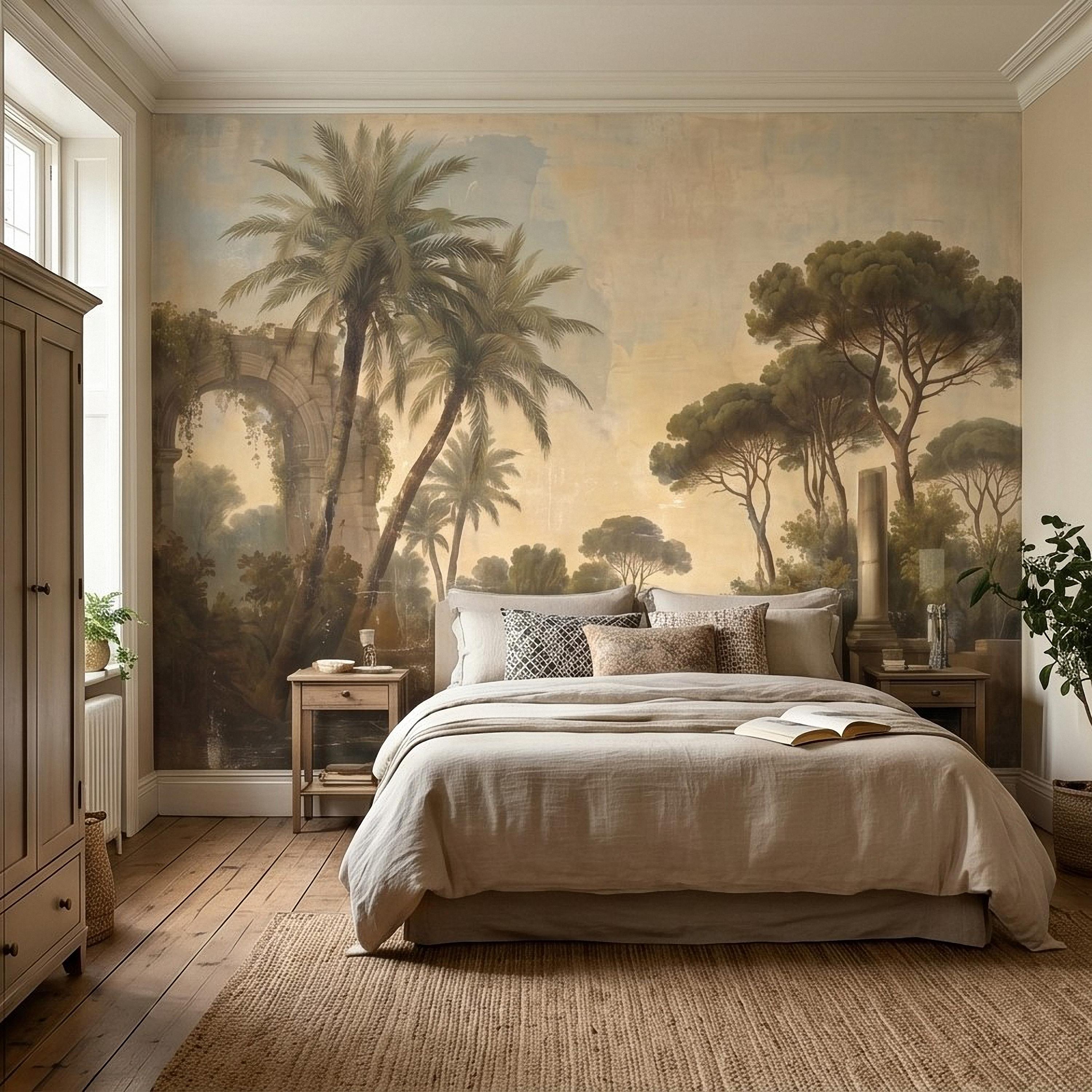 Vintage Mediterranean Landscape Peel and Stick Wall Mural, Palm Trees & Roman Ruins, Soft Sunset Garden Scene, Antique Fresco Wallpaper