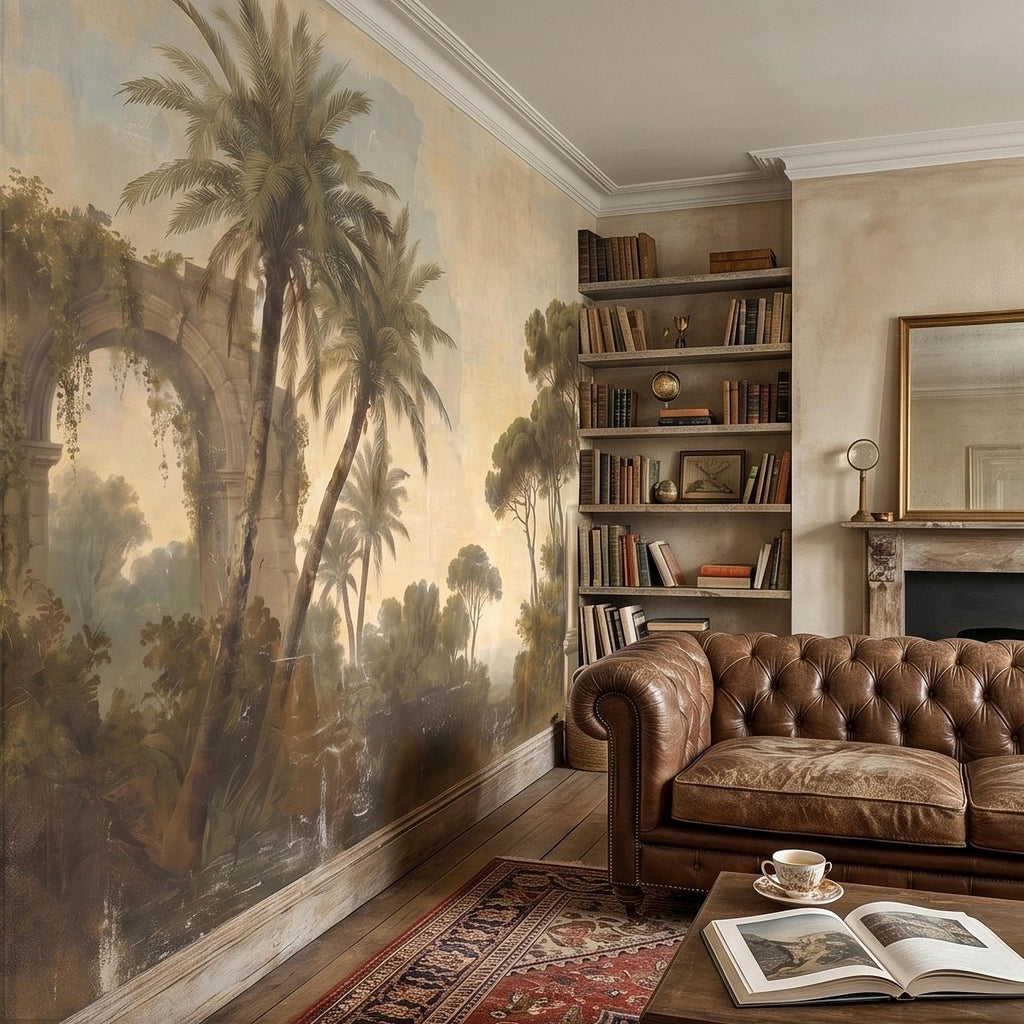 Vintage Mediterranean Landscape Peel and Stick Wall Mural, Palm Trees & Roman Ruins, Soft Sunset Garden Scene, Antique Fresco Wallpaper