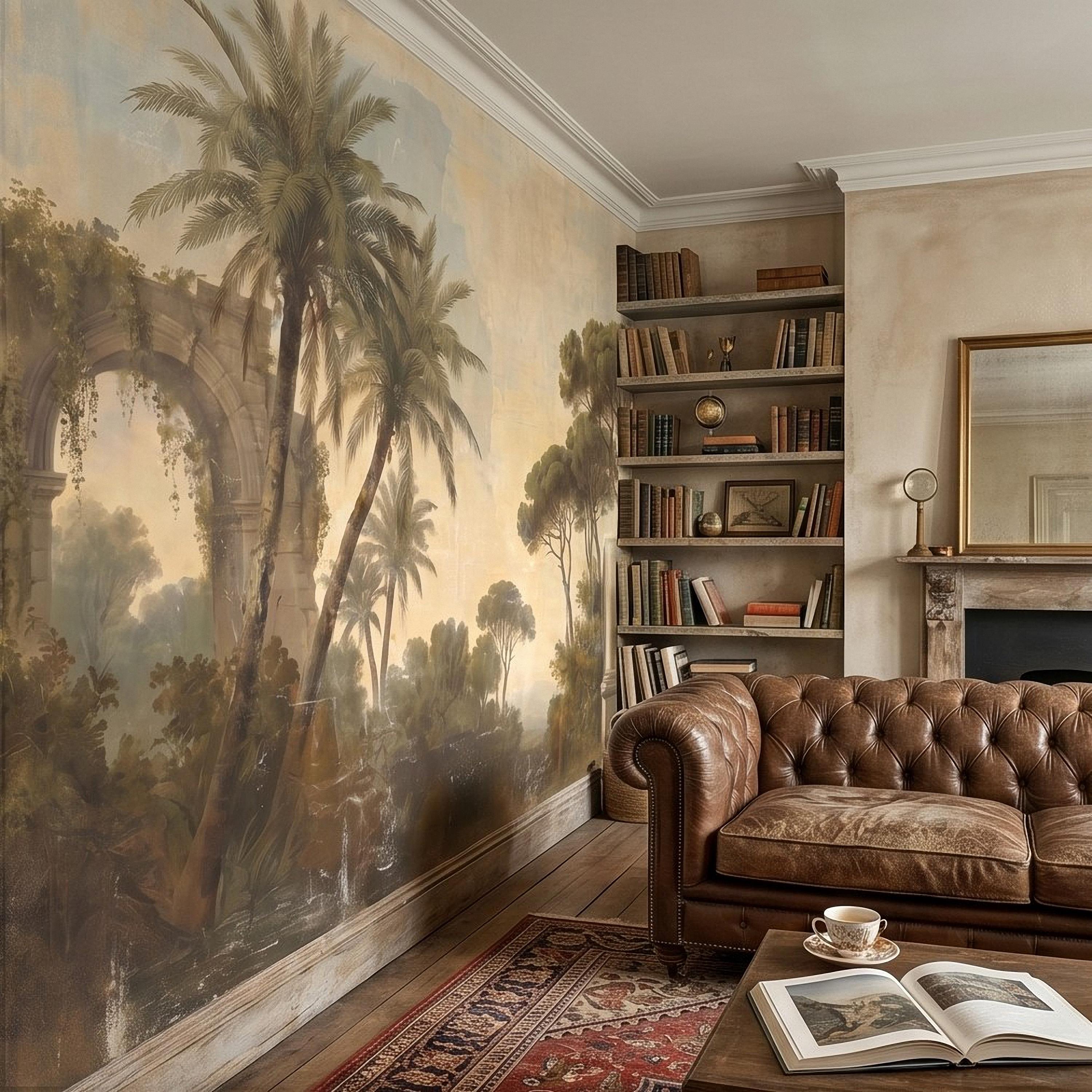 Vintage Mediterranean Landscape Peel and Stick Wall Mural, Palm Trees & Roman Ruins, Soft Sunset Garden Scene, Antique Fresco Wallpaper