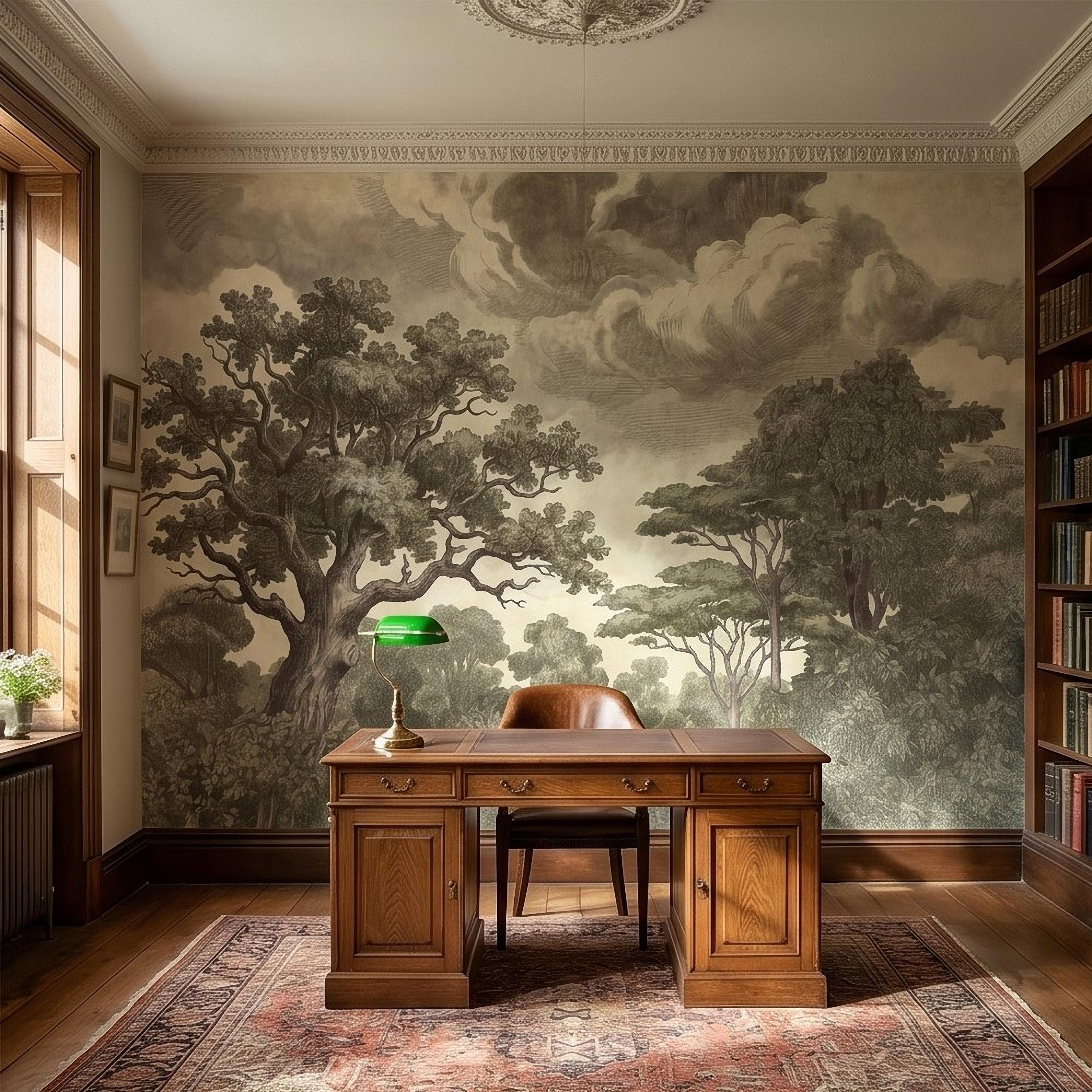 Vintage Engraved Forest Peel and Stick Wall Mural, Antique Old World Woodland Tree Landscape, Cloudy Sky Etching Botanical Toile Wallpaper