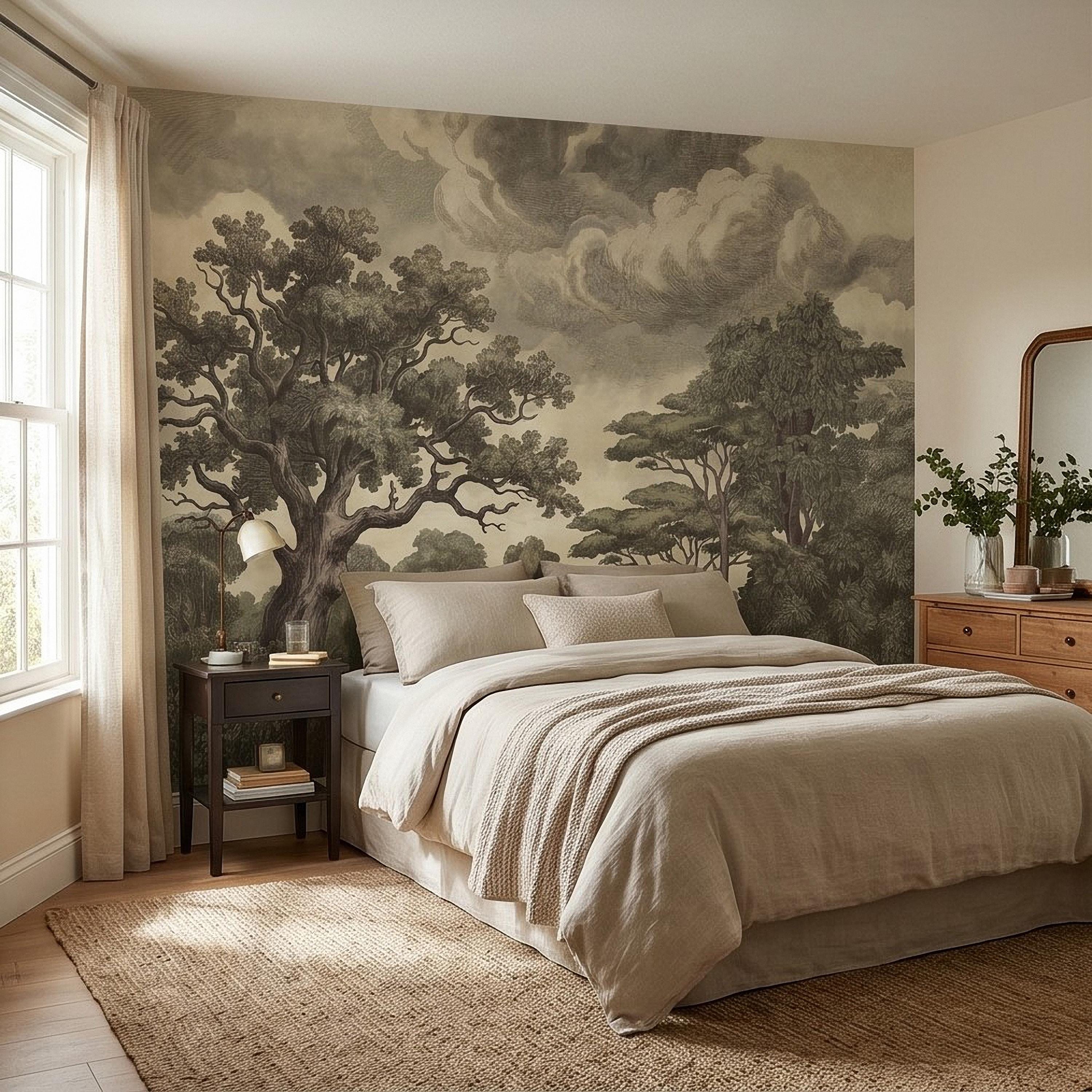 Vintage Engraved Forest Peel and Stick Wall Mural, Antique Old World Woodland Tree Landscape, Cloudy Sky Etching Botanical Toile Wallpaper