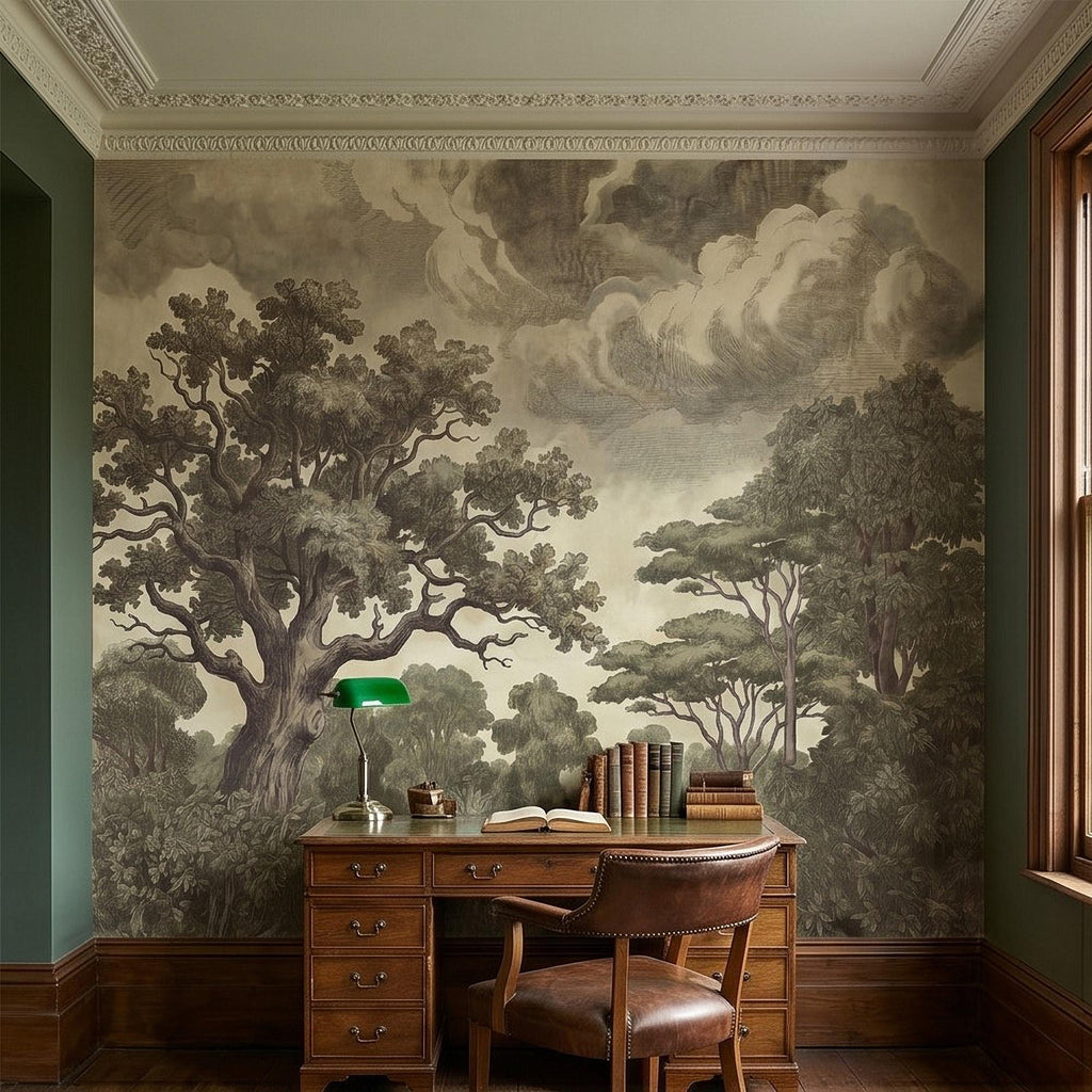 Vintage Engraved Forest Peel and Stick Wall Mural, Antique Old World Woodland Tree Landscape, Cloudy Sky Etching Botanical Toile Wallpaper