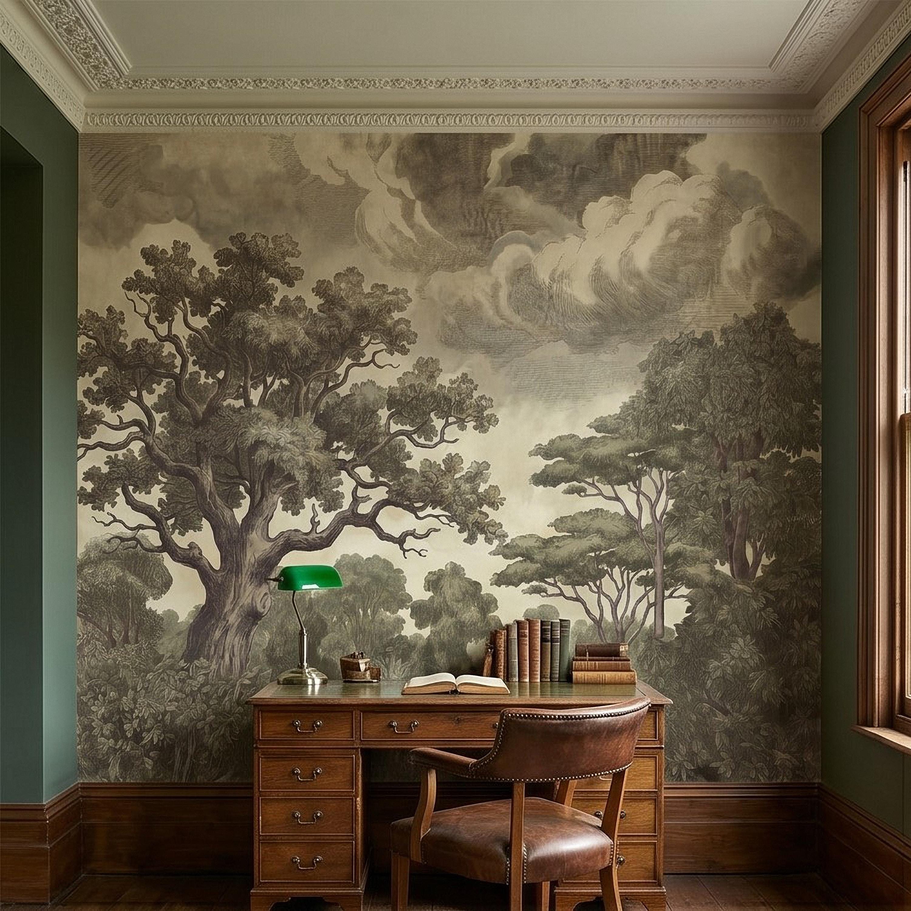 Vintage Engraved Forest Peel and Stick Wall Mural, Antique Old World Woodland Tree Landscape, Cloudy Sky Etching Botanical Toile Wallpaper