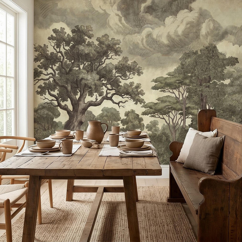 Vintage Engraved Forest Peel and Stick Wall Mural, Antique Old World Woodland Tree Landscape, Cloudy Sky Etching Botanical Toile Wallpaper