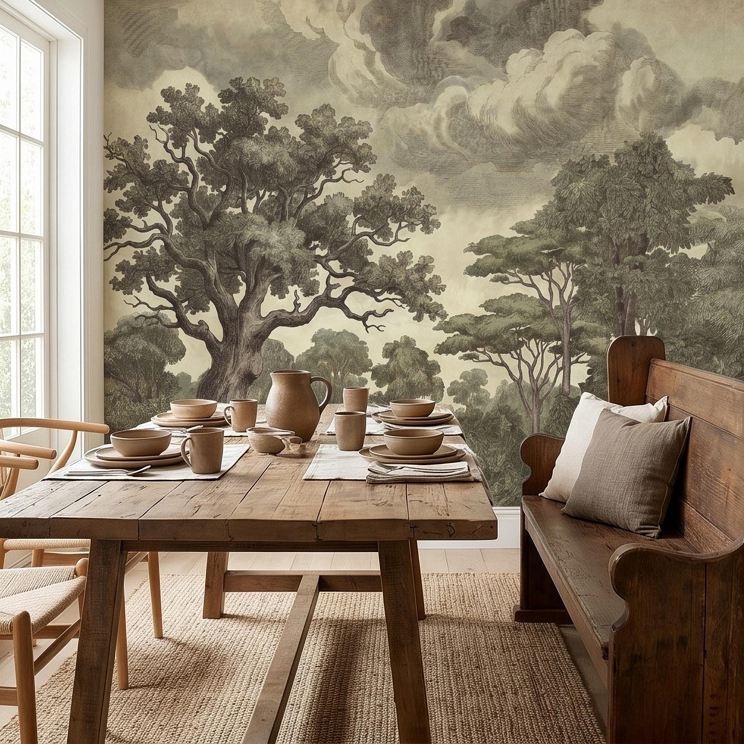 Vintage Engraved Forest Peel and Stick Wall Mural, Antique Old World Woodland Tree Landscape, Cloudy Sky Etching Botanical Toile Wallpaper