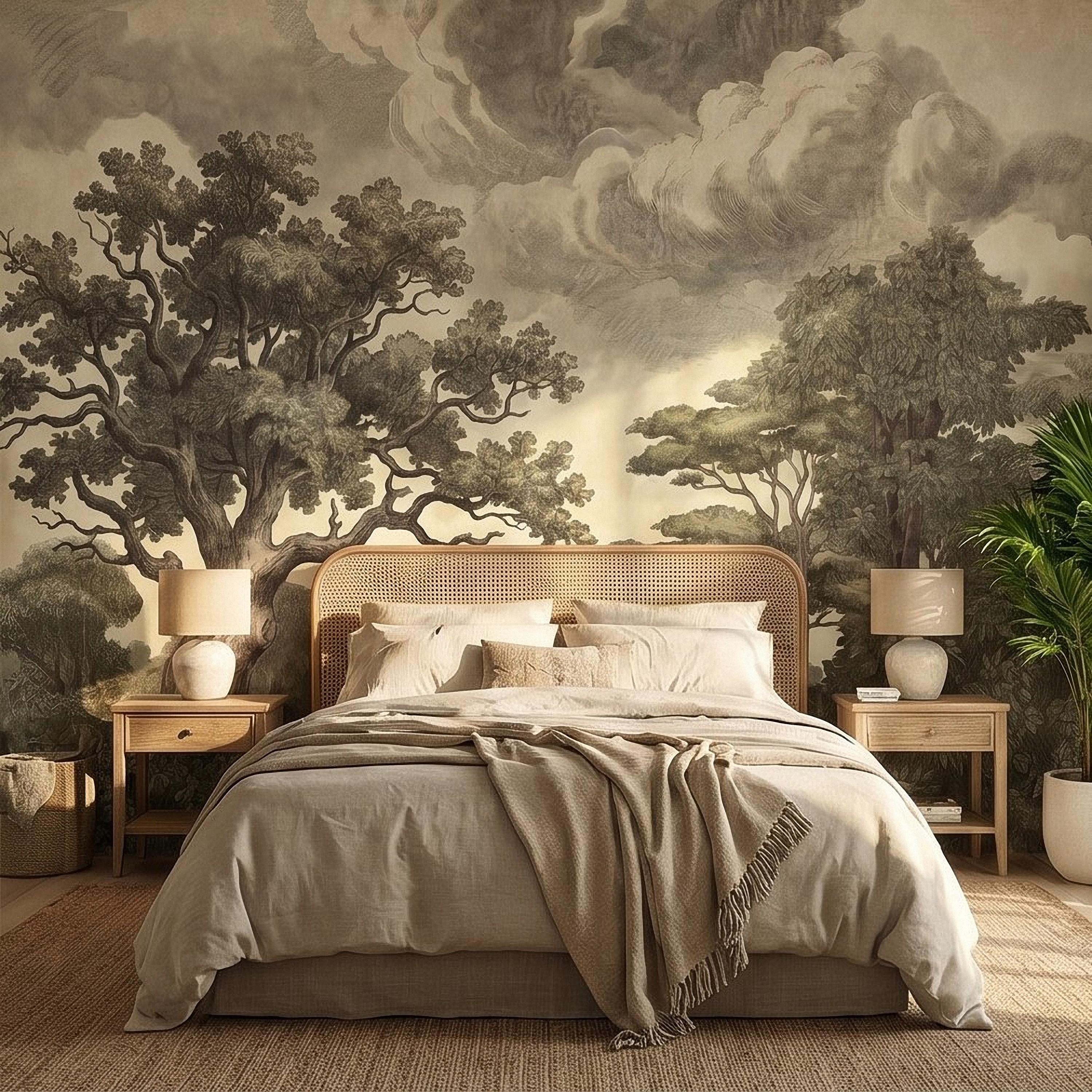 Vintage Engraved Forest Peel and Stick Wall Mural, Antique Old World Woodland Tree Landscape, Cloudy Sky Etching Botanical Toile Wallpaper