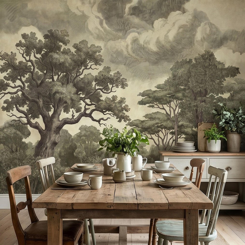 Vintage Engraved Forest Peel and Stick Wall Mural, Antique Old World Woodland Tree Landscape, Cloudy Sky Etching Botanical Toile Wallpaper