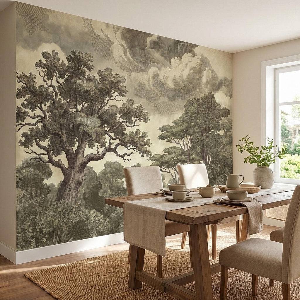 Vintage Engraved Forest Peel and Stick Wall Mural, Antique Old World Woodland Tree Landscape, Cloudy Sky Etching Botanical Toile Wallpaper