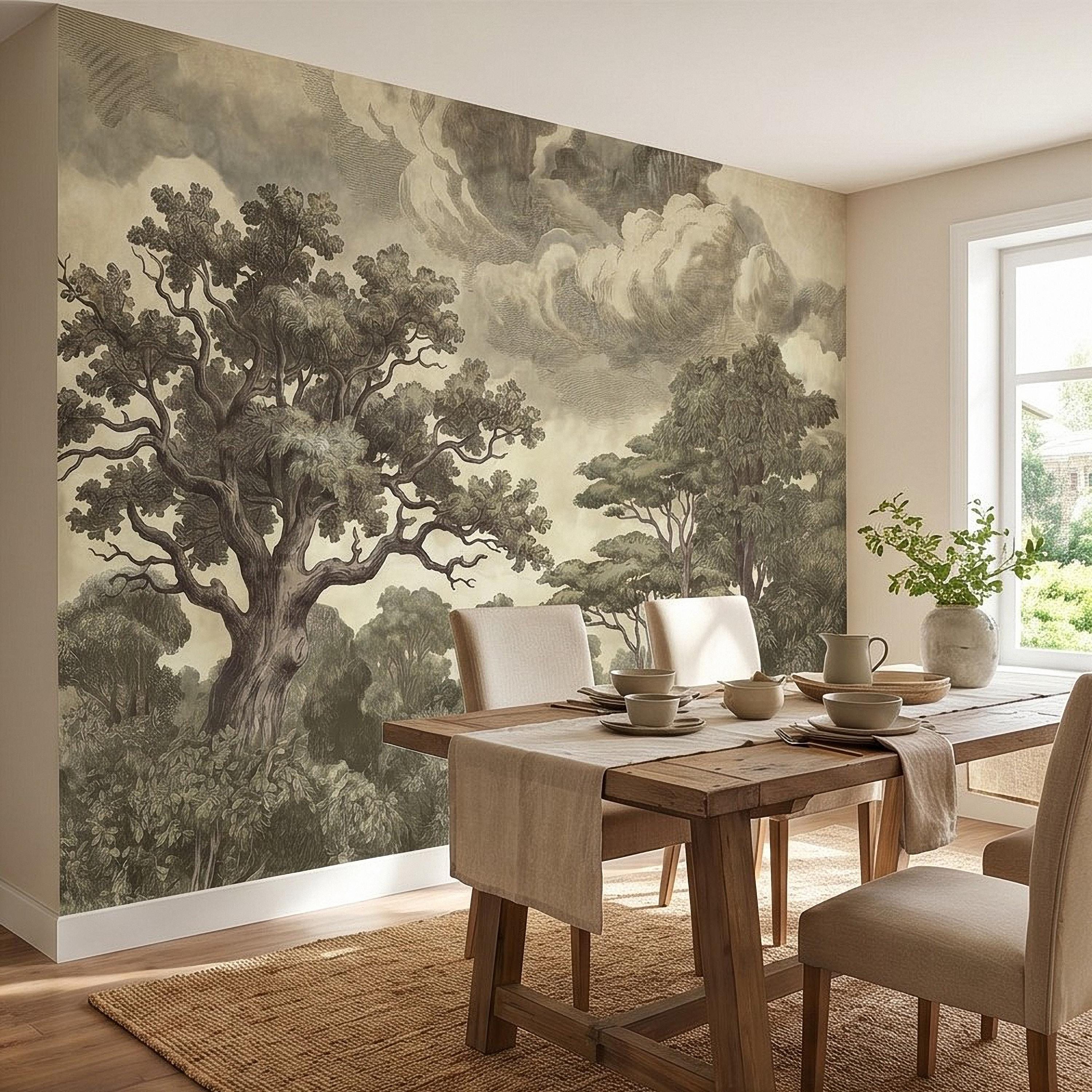Vintage Engraved Forest Peel and Stick Wall Mural, Antique Old World Woodland Tree Landscape, Cloudy Sky Etching Botanical Toile Wallpaper