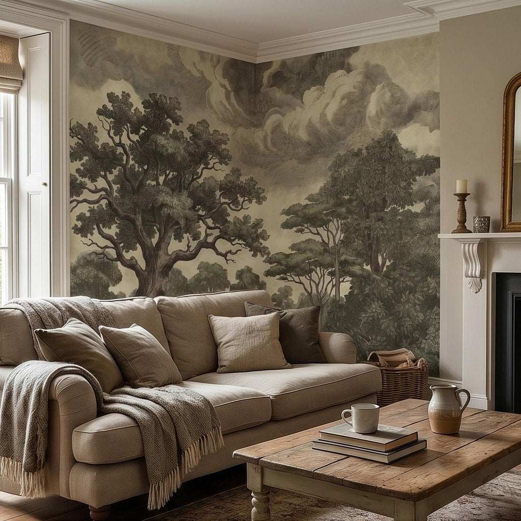 Vintage Engraved Forest Peel and Stick Wall Mural, Antique Old World Woodland Tree Landscape, Cloudy Sky Etching Botanical Toile Wallpaper