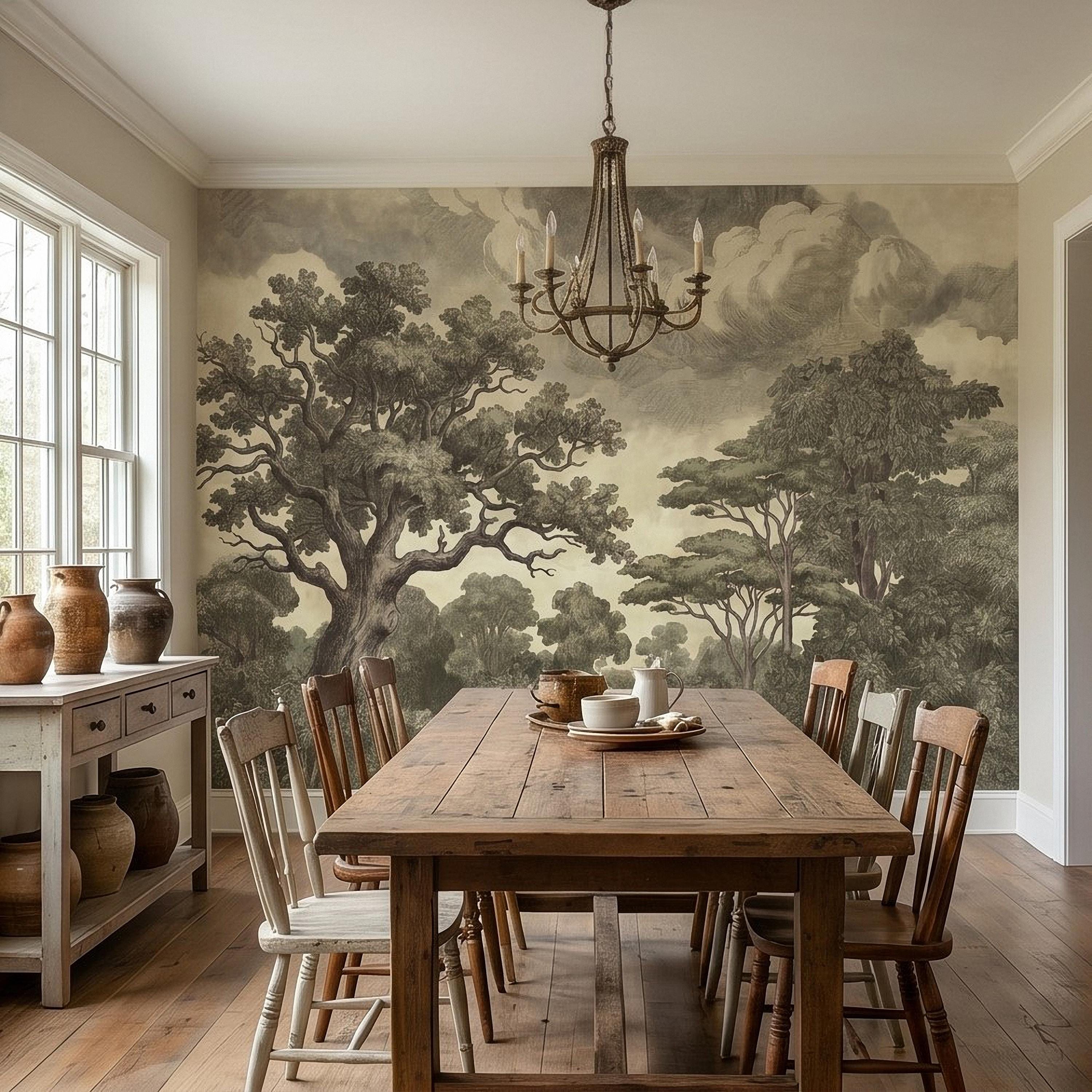 Vintage Engraved Forest Peel and Stick Wall Mural, Antique Old World Woodland Tree Landscape, Cloudy Sky Etching Botanical Toile Wallpaper