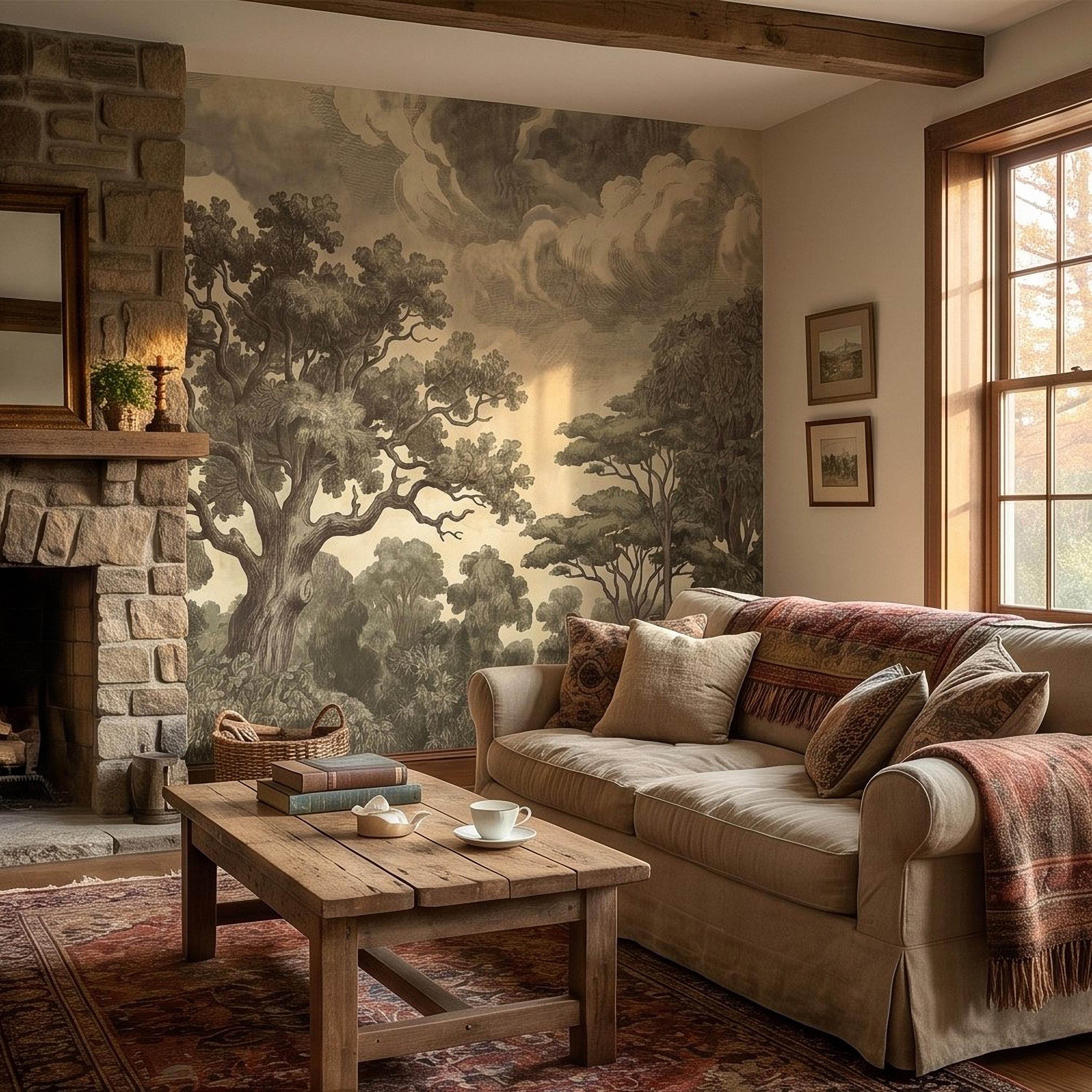 Vintage Engraved Forest Peel and Stick Wall Mural, Antique Old World Woodland Tree Landscape, Cloudy Sky Etching Botanical Toile Wallpaper