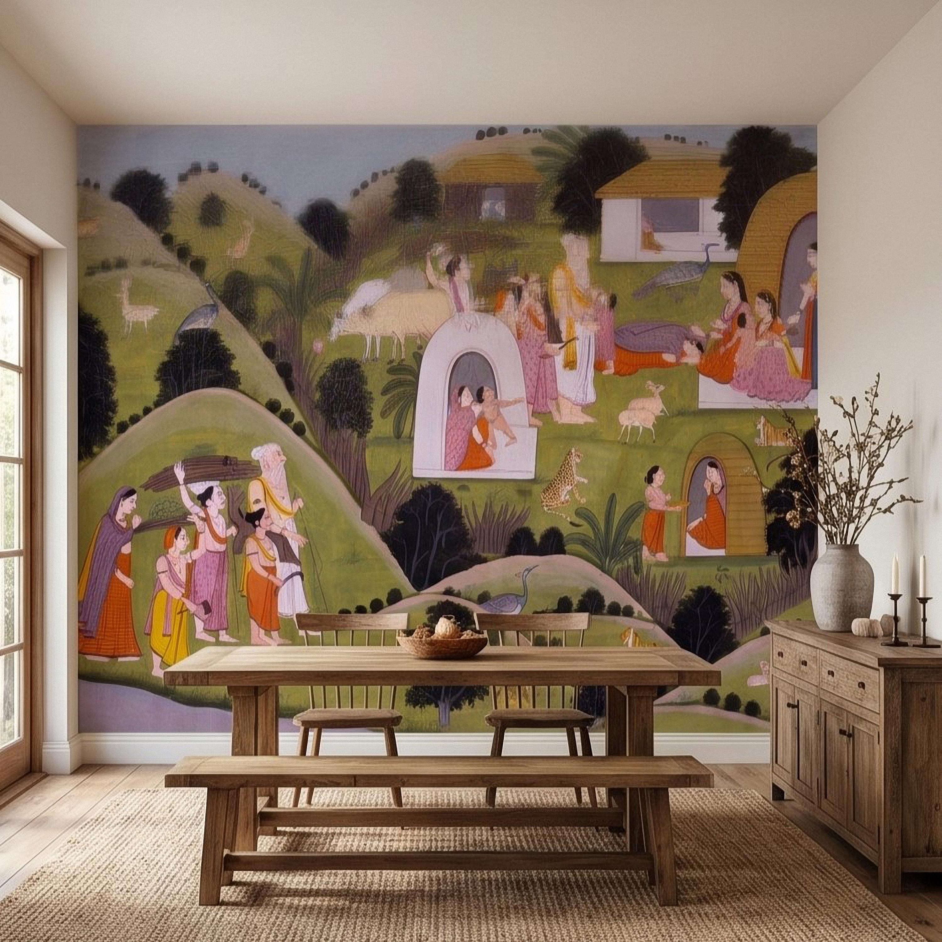 Ramayana Hermitage of Valmiki Nadaun Peel and Stick Wall Mural, Rajasthani Indian Miniature Village Scene, Adventures of Rama Wallpaper