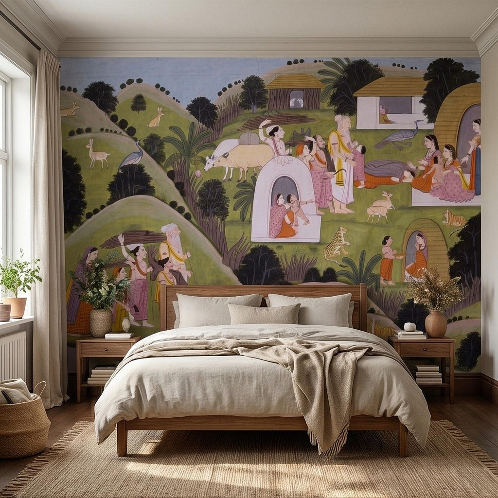 Ramayana Hermitage of Valmiki Nadaun Peel and Stick Wall Mural, Rajasthani Indian Miniature Village Scene, Adventures of Rama Wallpaper