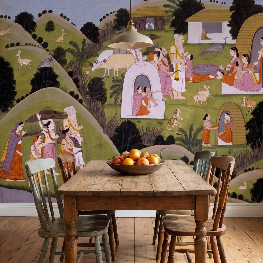 Ramayana Hermitage of Valmiki Nadaun Peel and Stick Wall Mural, Rajasthani Indian Miniature Village Scene, Adventures of Rama Wallpaper