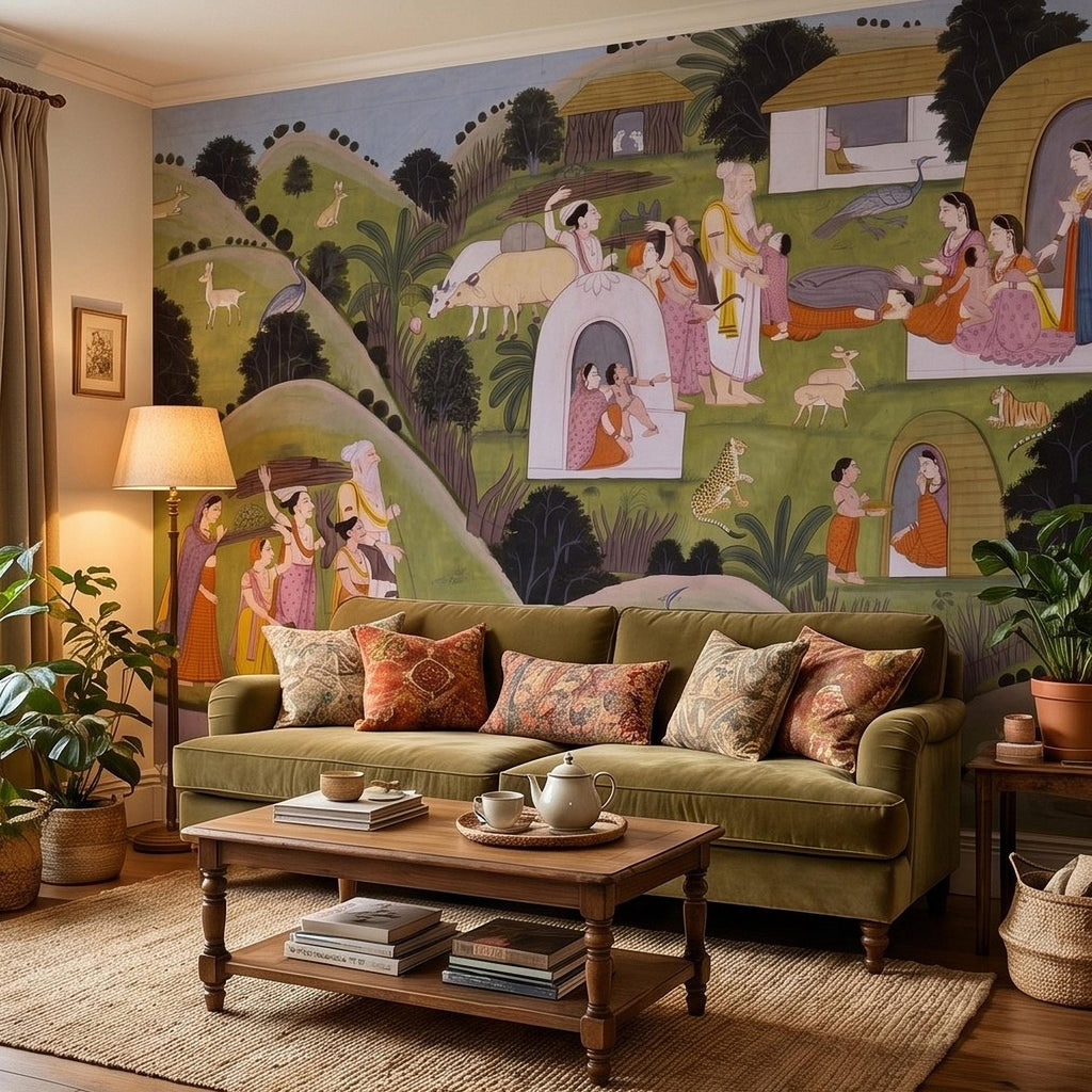 Ramayana Hermitage of Valmiki Nadaun Peel and Stick Wall Mural, Rajasthani Indian Miniature Village Scene, Adventures of Rama Wallpaper