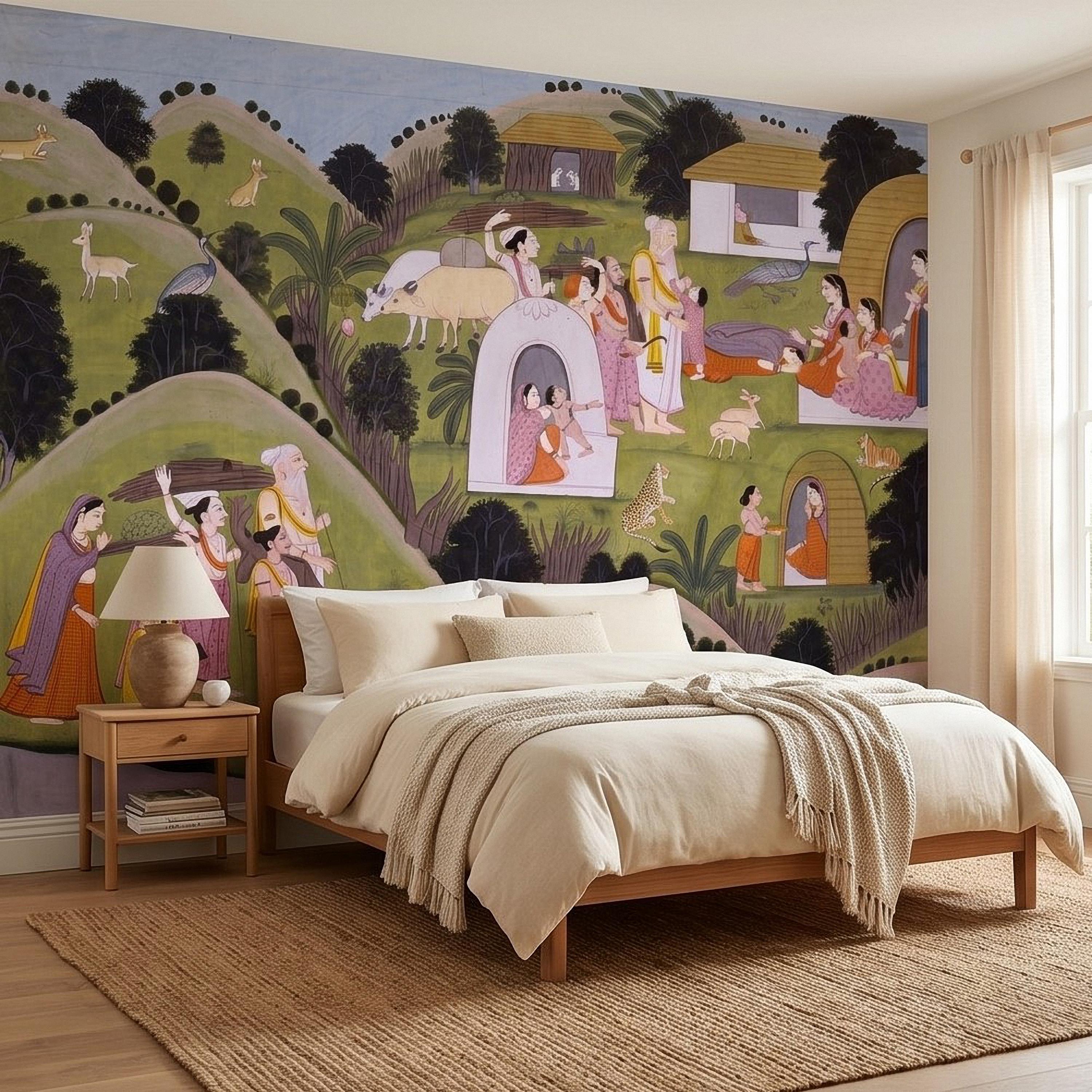 Ramayana Hermitage of Valmiki Nadaun Peel and Stick Wall Mural, Rajasthani Indian Miniature Village Scene, Adventures of Rama Wallpaper