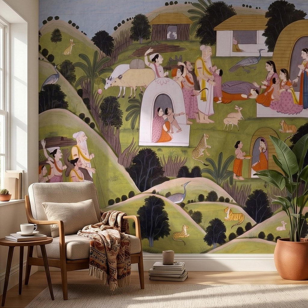 Ramayana Hermitage of Valmiki Nadaun Peel and Stick Wall Mural, Rajasthani Indian Miniature Village Scene, Adventures of Rama Wallpaper