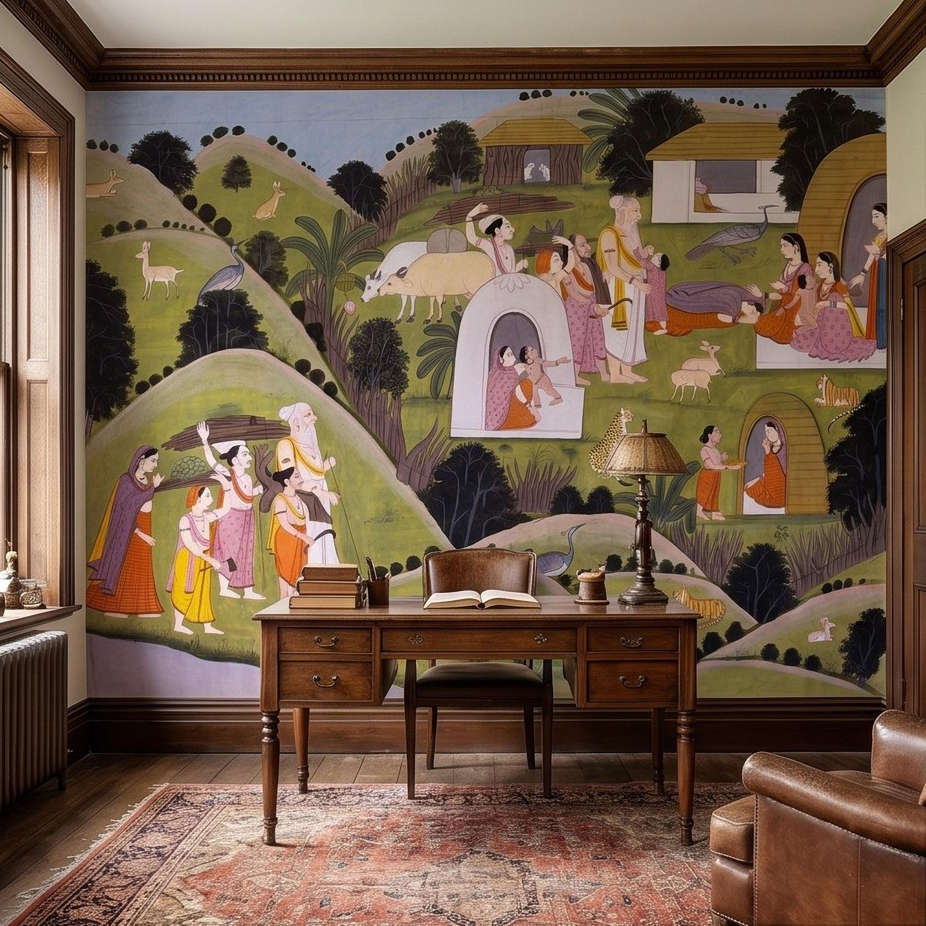 Ramayana Hermitage of Valmiki Nadaun Peel and Stick Wall Mural, Rajasthani Indian Miniature Village Scene, Adventures of Rama Wallpaper