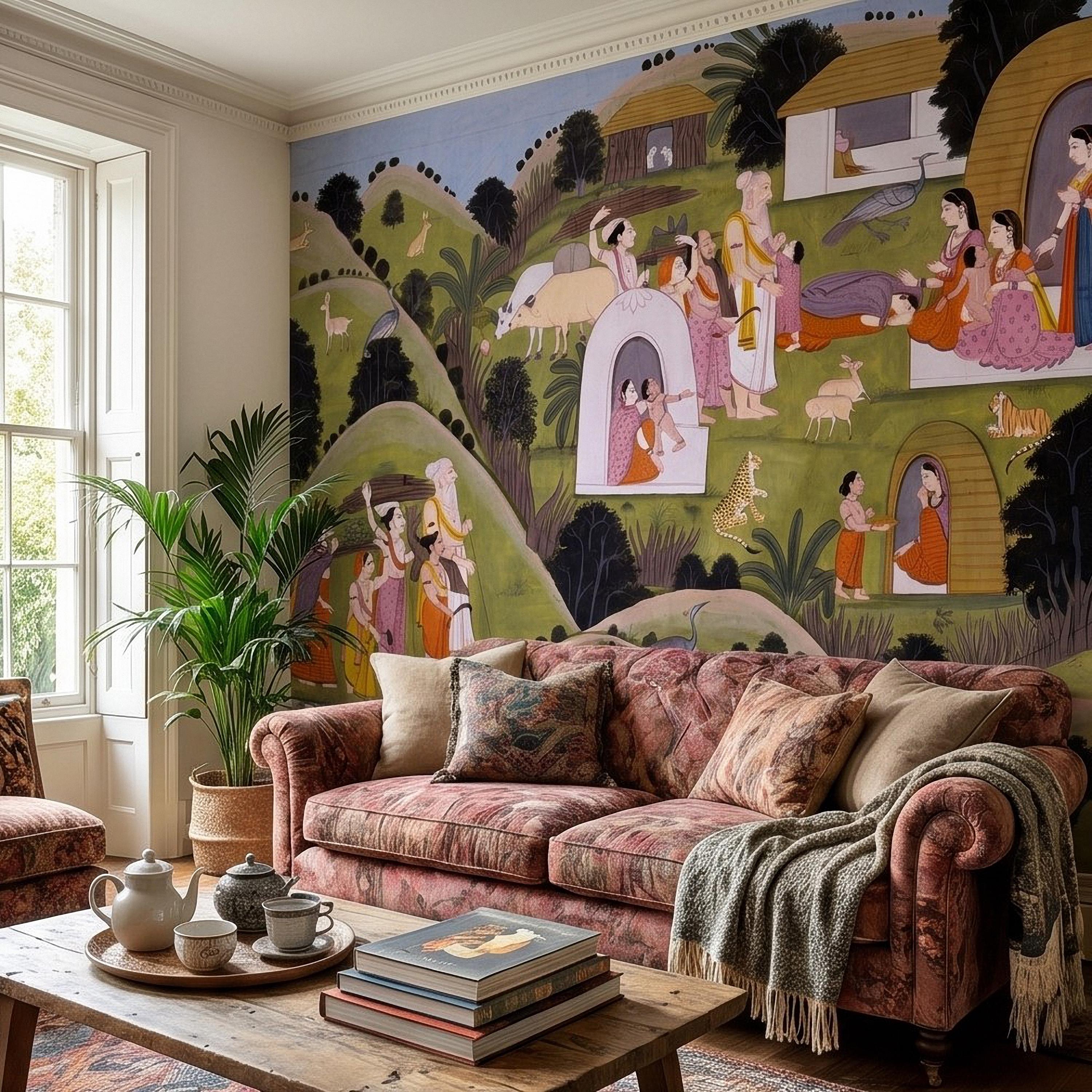 Ramayana Hermitage of Valmiki Nadaun Peel and Stick Wall Mural, Rajasthani Indian Miniature Village Scene, Adventures of Rama Wallpaper