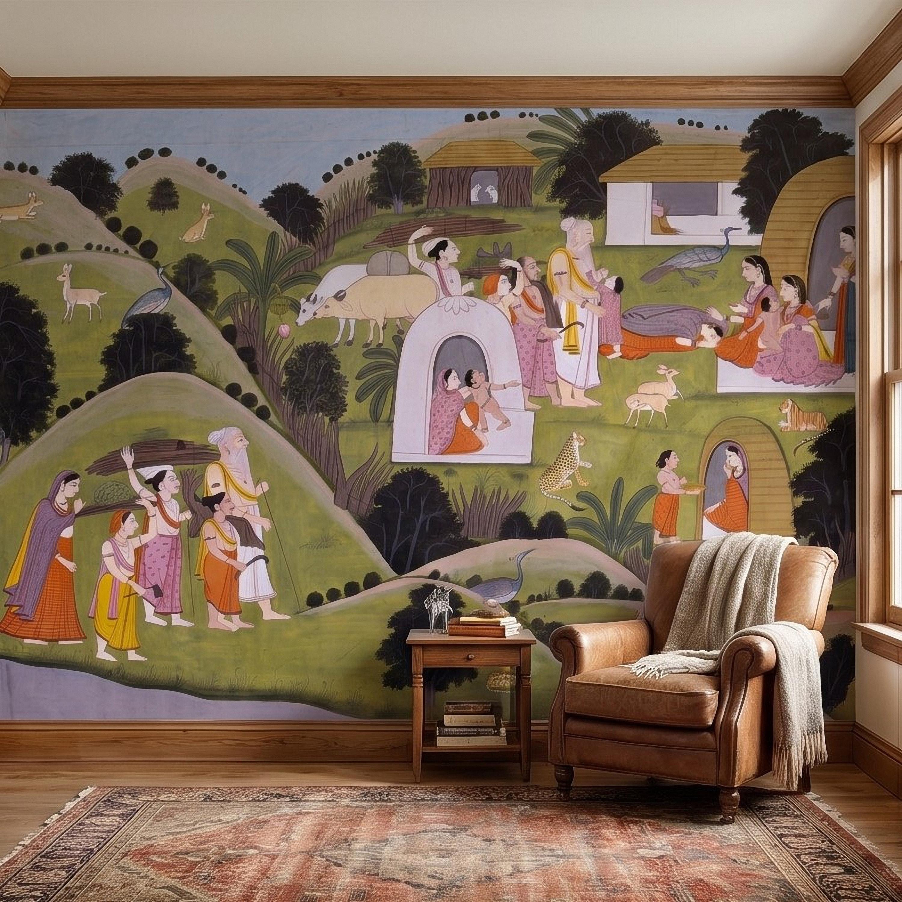Ramayana Hermitage of Valmiki Nadaun Peel and Stick Wall Mural, Rajasthani Indian Miniature Village Scene, Adventures of Rama Wallpaper