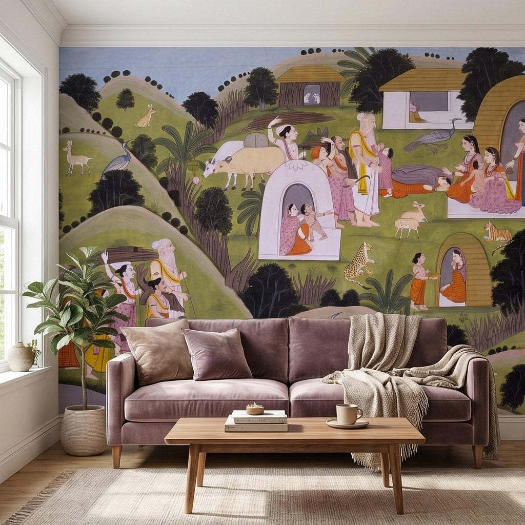 Ramayana Hermitage of Valmiki Nadaun Peel and Stick Wall Mural, Rajasthani Indian Miniature Village Scene, Adventures of Rama Wallpaper