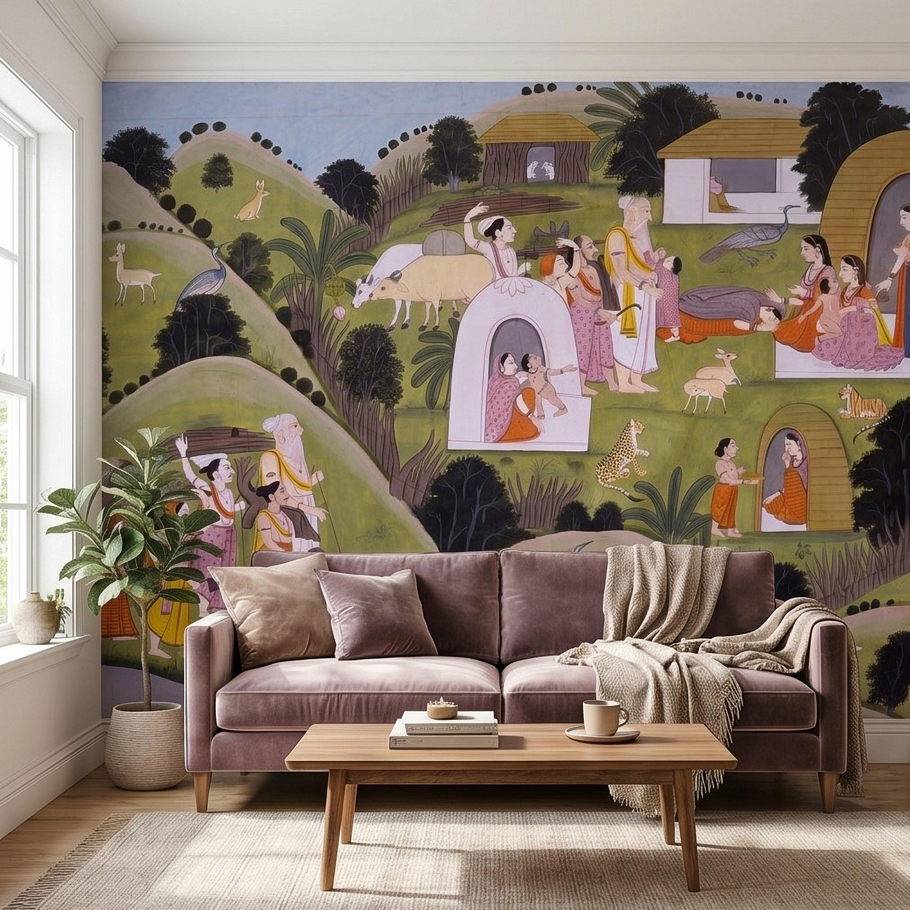 Ramayana Hermitage of Valmiki Nadaun Peel and Stick Wall Mural, Rajasthani Indian Miniature Village Scene, Adventures of Rama Wallpaper