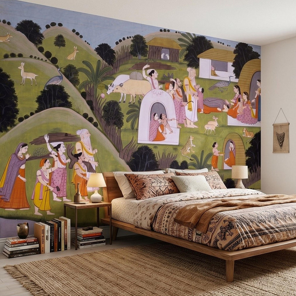 Ramayana Hermitage of Valmiki Nadaun Peel and Stick Wall Mural, Rajasthani Indian Miniature Village Scene, Adventures of Rama Wallpaper
