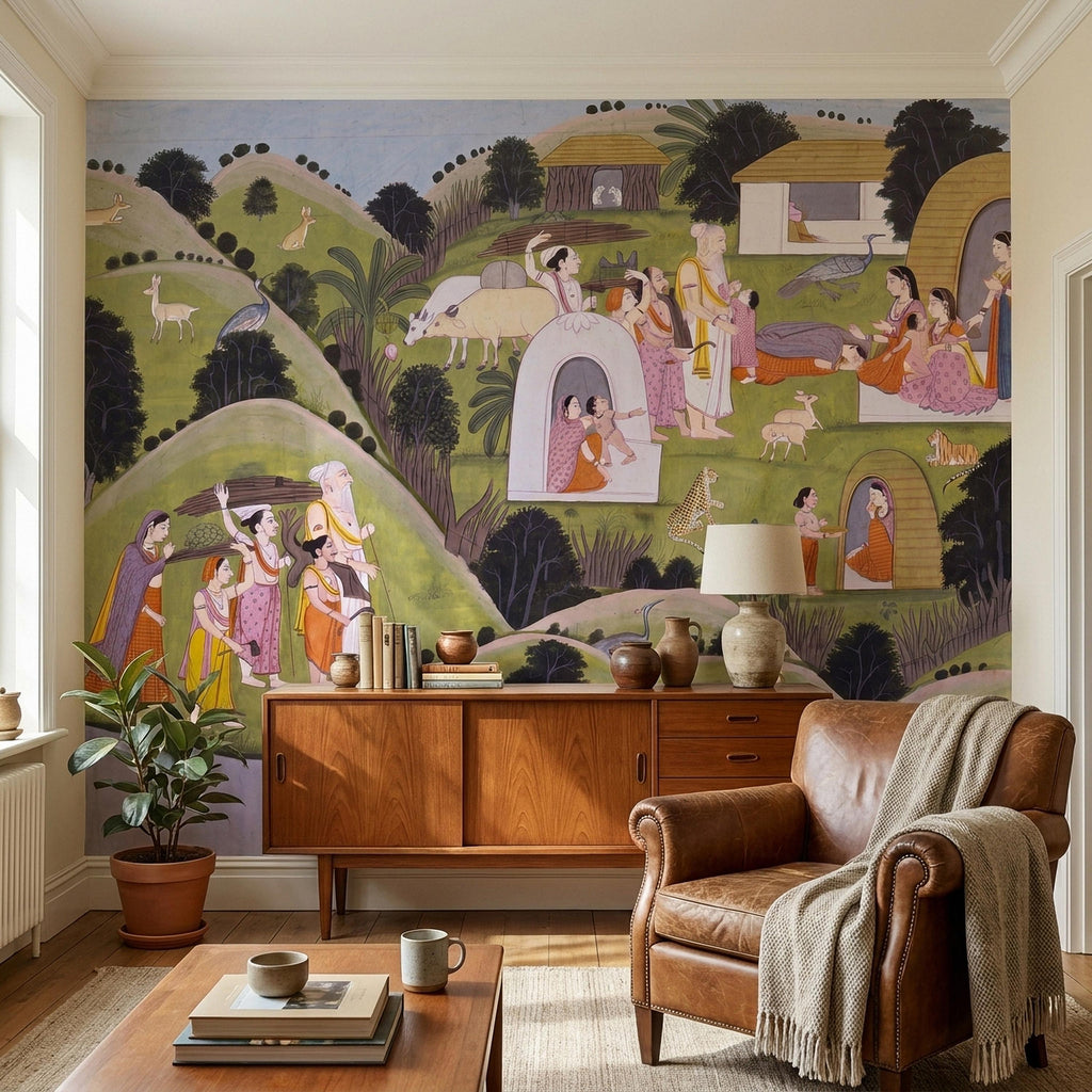 Ramayana Hermitage of Valmiki Nadaun Peel and Stick Wall Mural, Rajasthani Indian Miniature Village Scene, Adventures of Rama Wallpaper