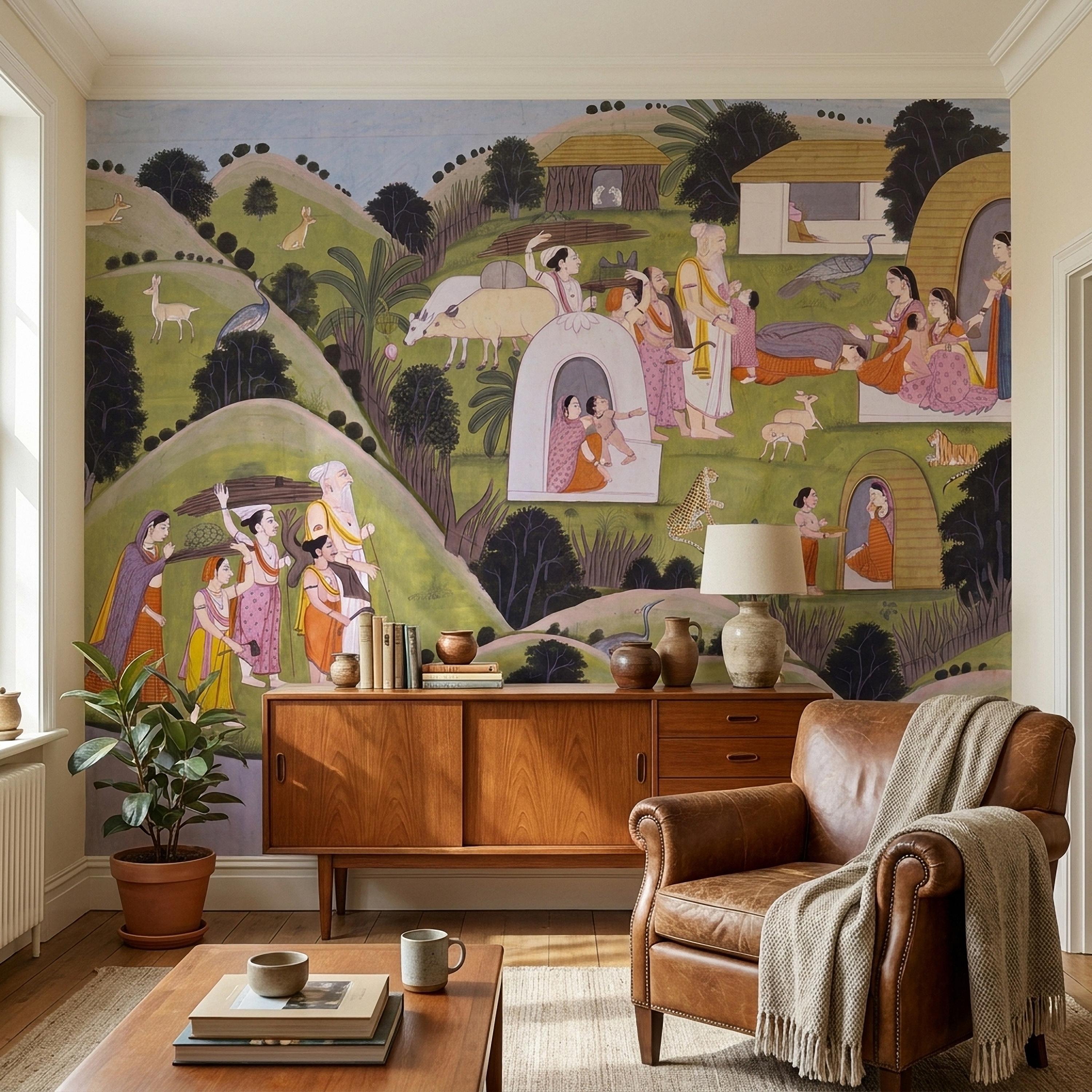 Ramayana Hermitage of Valmiki Nadaun Peel and Stick Wall Mural, Rajasthani Indian Miniature Village Scene, Adventures of Rama Wallpaper
