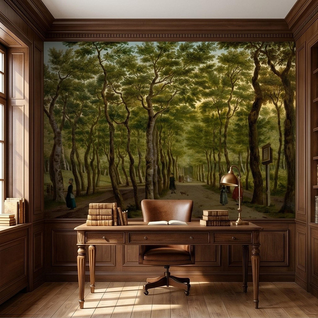 Vintage Tree Lined Avenue Peel and Stick Wall Mural, Romantic Sunlit Forest Park Path Landscape, Antique Botanical Greenery Scene Wallpaper