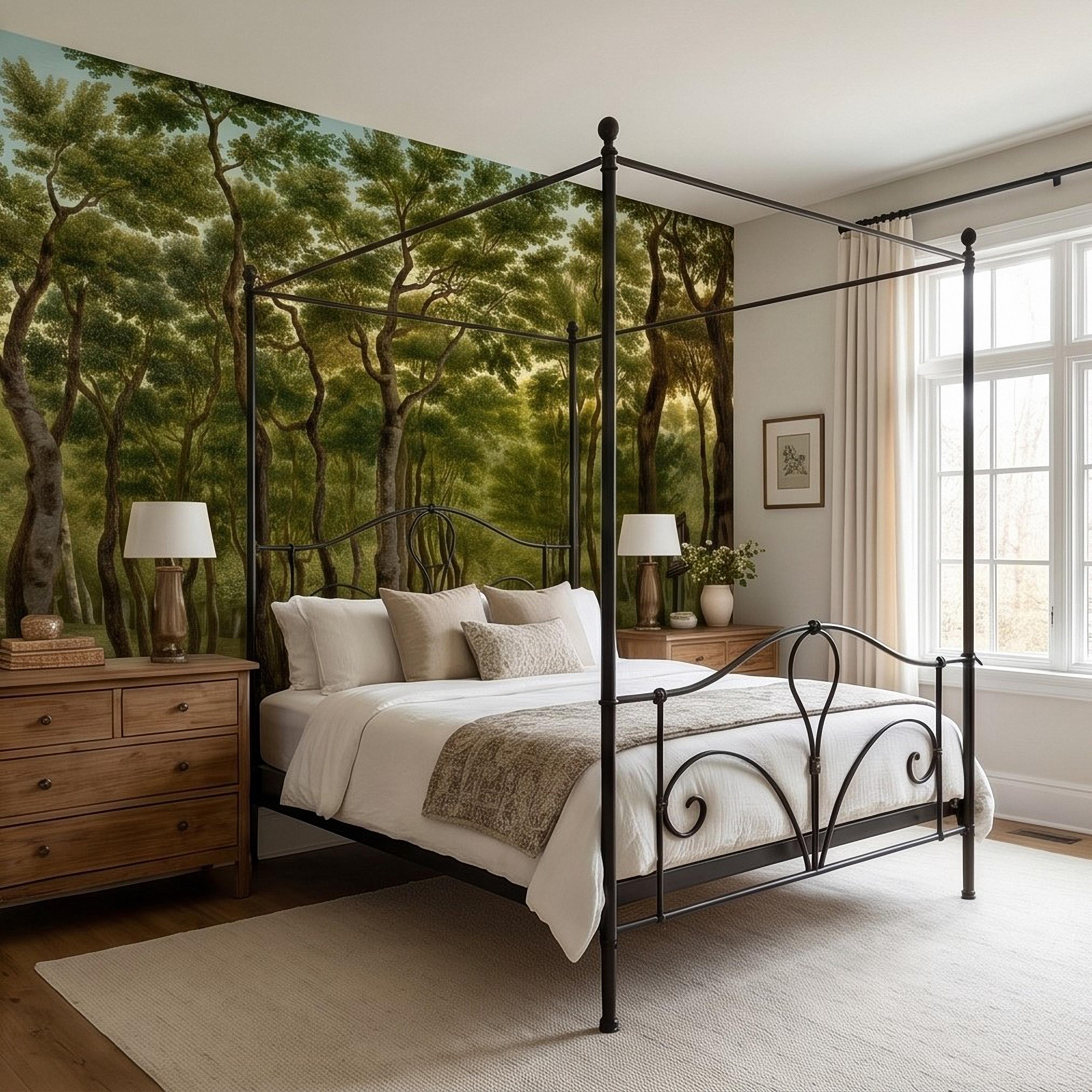 Vintage Tree Lined Avenue Peel and Stick Wall Mural, Romantic Sunlit Forest Park Path Landscape, Antique Botanical Greenery Scene Wallpaper