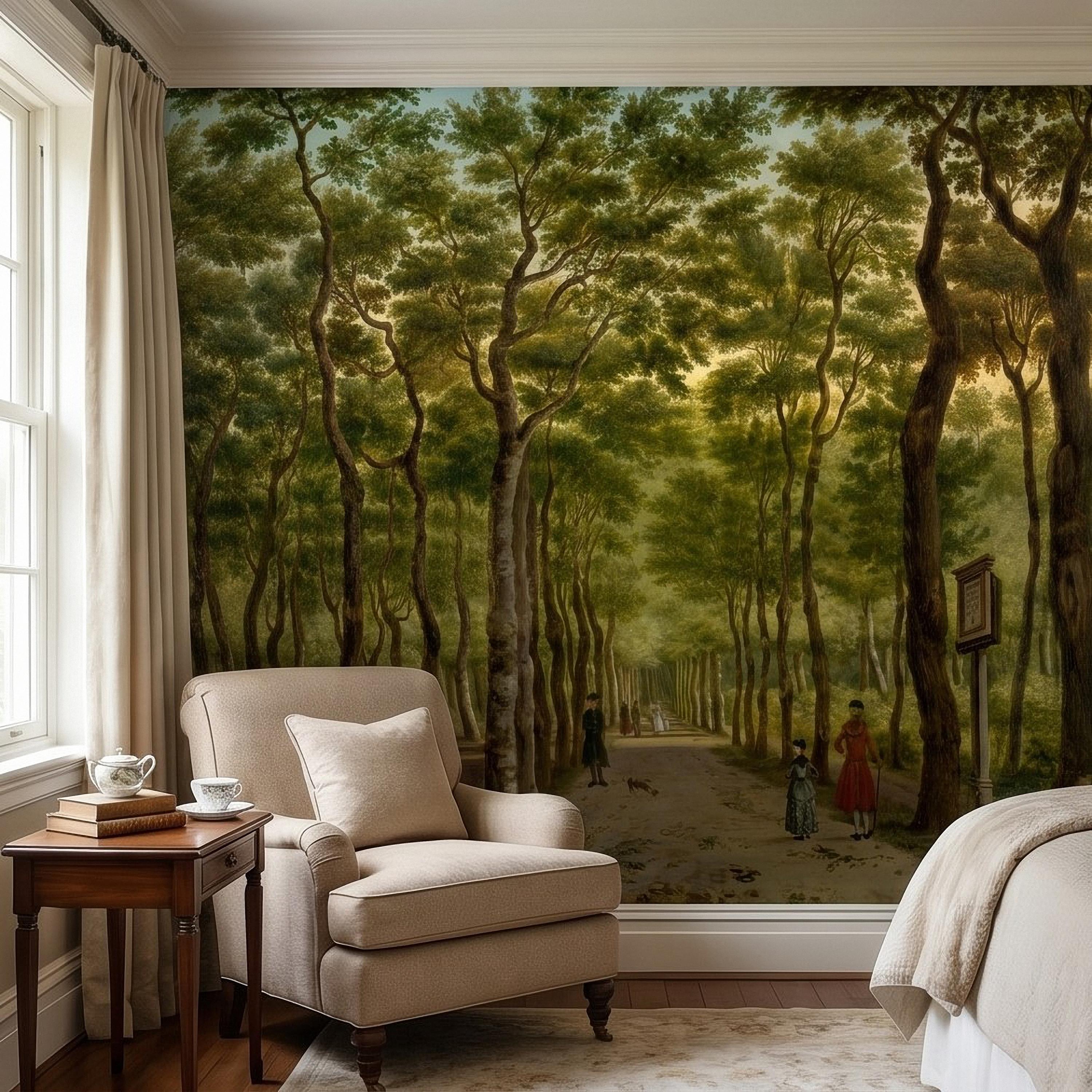 Vintage Tree Lined Avenue Peel and Stick Wall Mural, Romantic Sunlit Forest Park Path Landscape, Antique Botanical Greenery Scene Wallpaper