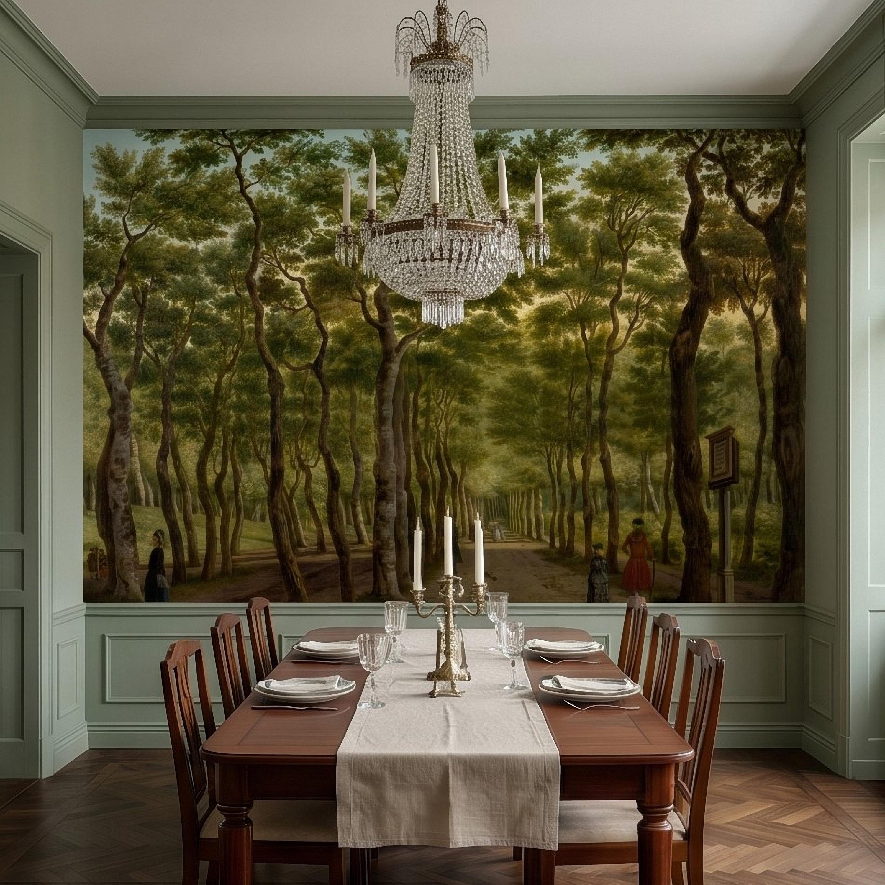 Vintage Tree Lined Avenue Peel and Stick Wall Mural, Romantic Sunlit Forest Park Path Landscape, Antique Botanical Greenery Scene Wallpaper