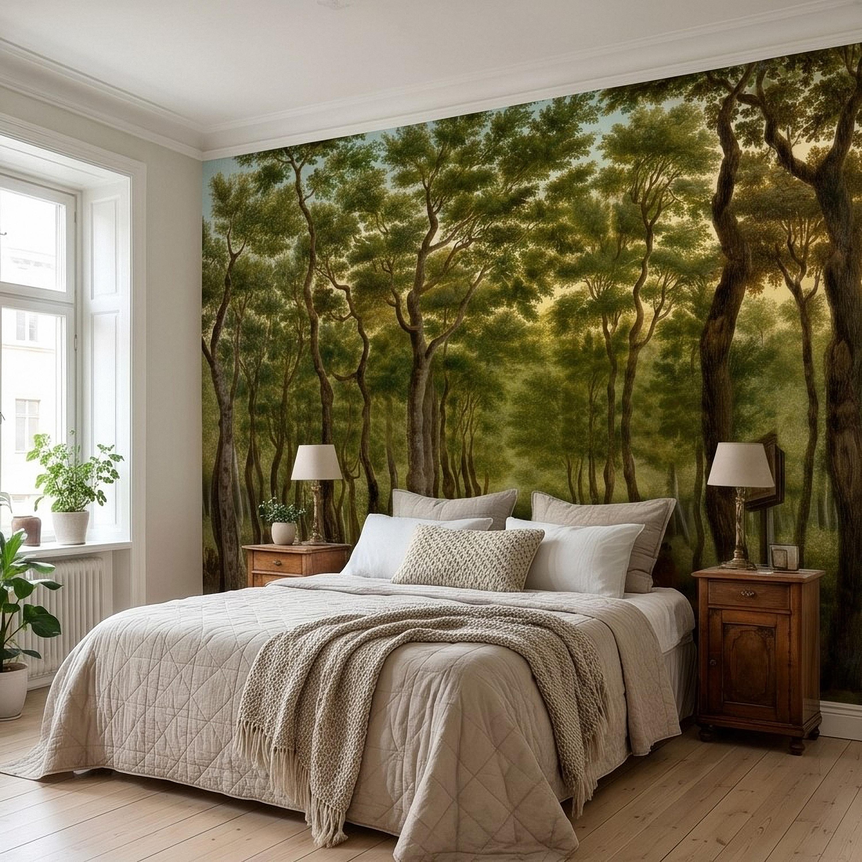 Vintage Tree Lined Avenue Peel and Stick Wall Mural, Romantic Sunlit Forest Park Path Landscape, Antique Botanical Greenery Scene Wallpaper