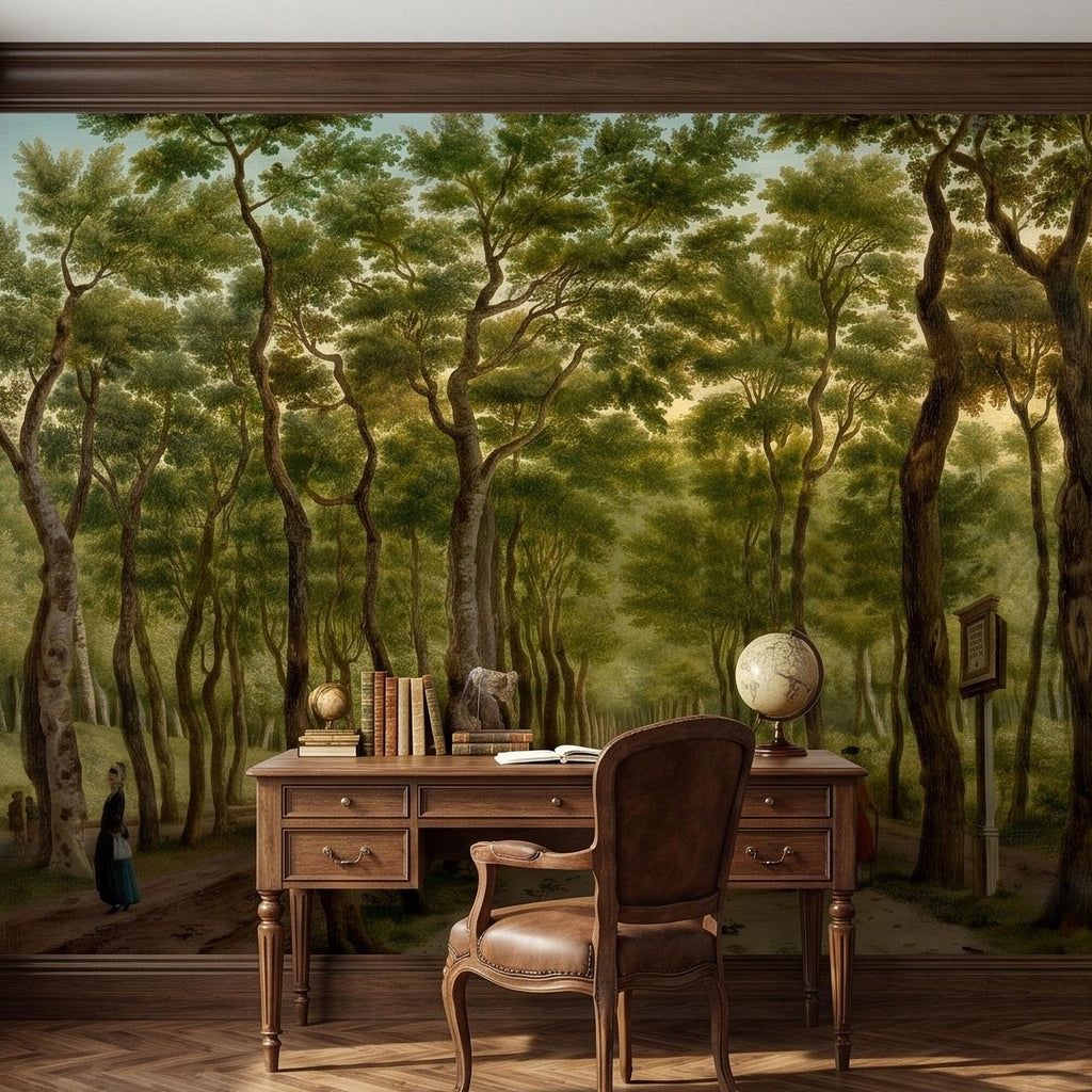 Vintage Tree Lined Avenue Peel and Stick Wall Mural, Romantic Sunlit Forest Park Path Landscape, Antique Botanical Greenery Scene Wallpaper