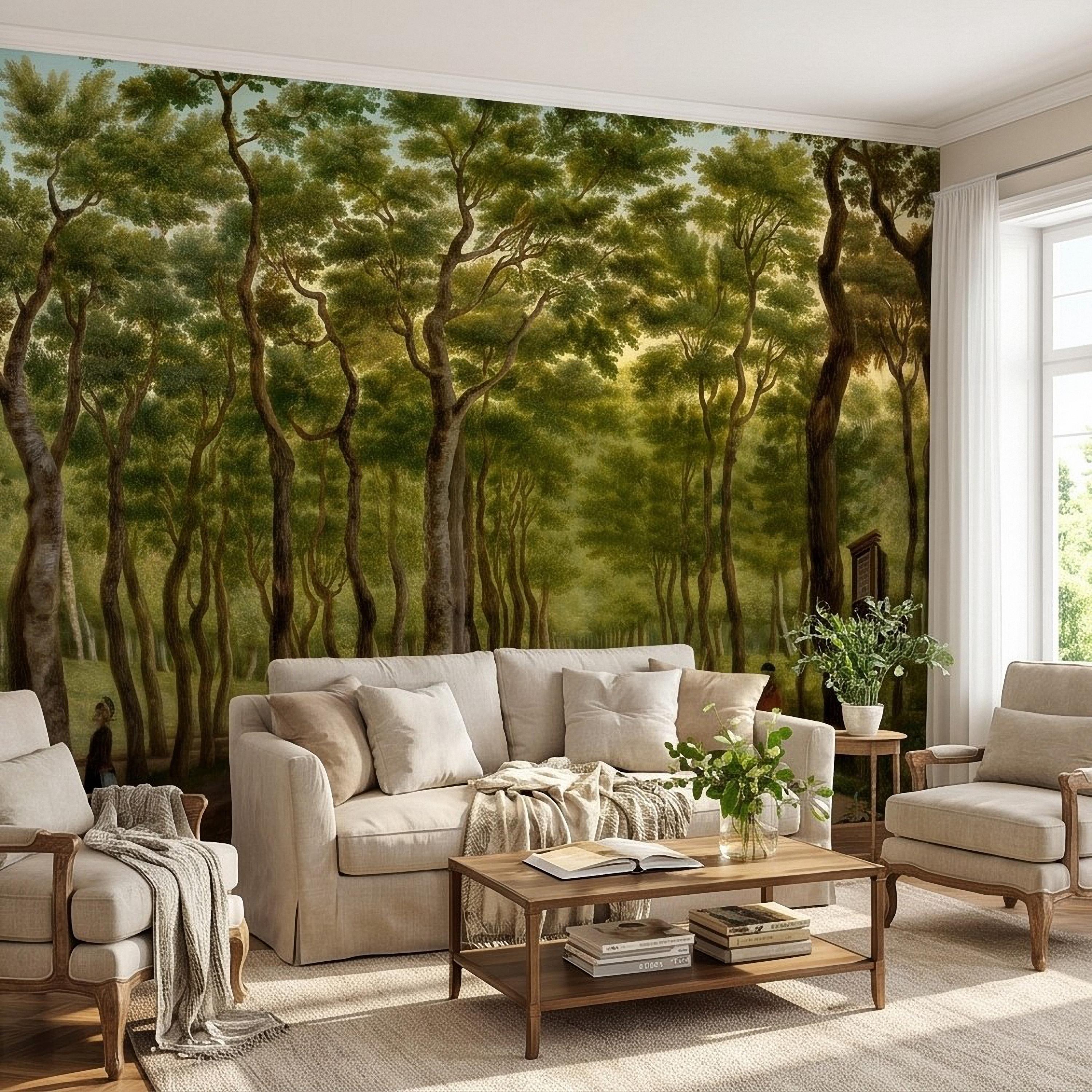 Vintage Tree Lined Avenue Peel and Stick Wall Mural, Romantic Sunlit Forest Park Path Landscape, Antique Botanical Greenery Scene Wallpaper