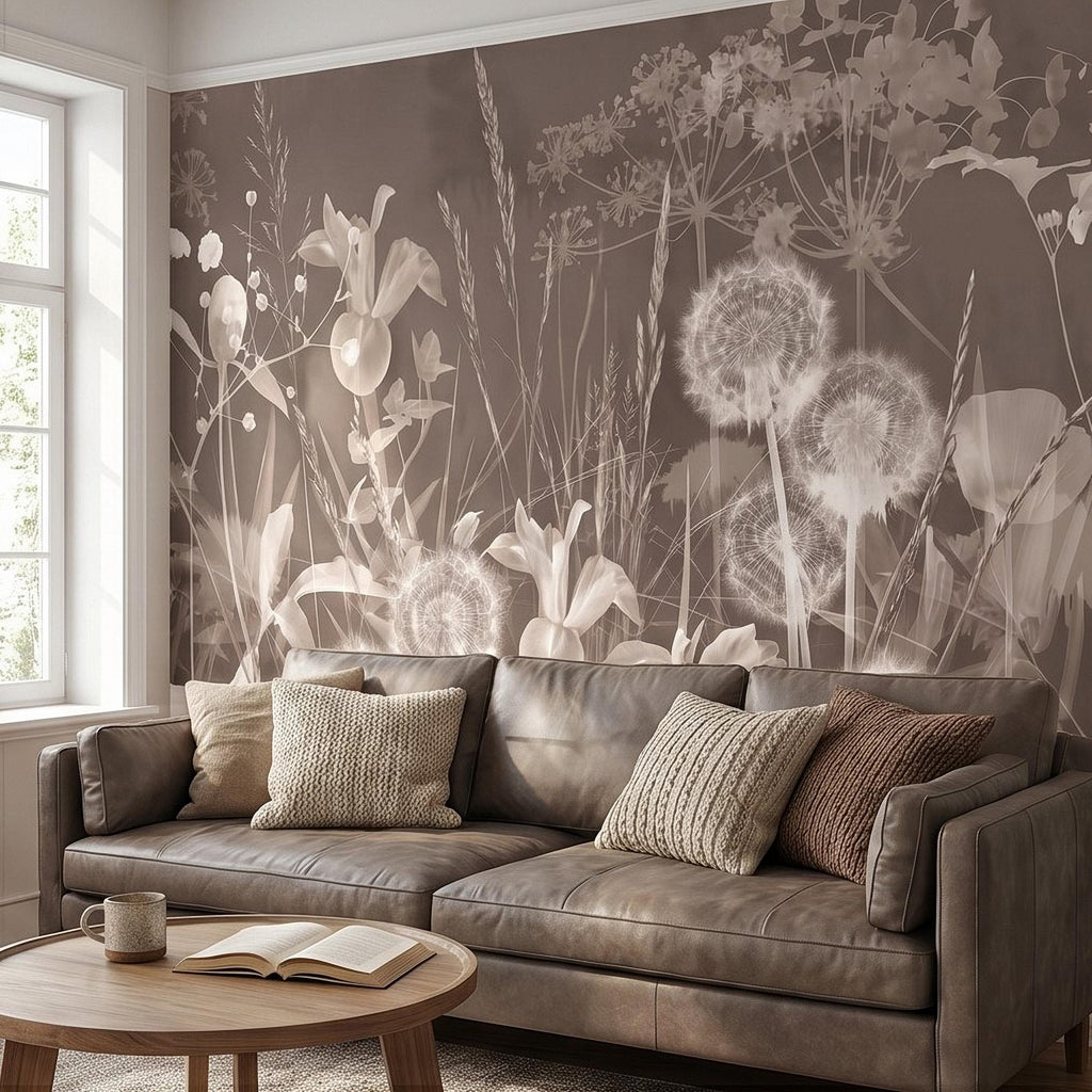 Neutral Sepia Meadow Botanical Peel and Stick Wall Mural, Dandelion Puffs Wildflowers & Grasses, Vintage Monochrome Cottage Floral Wallpaper