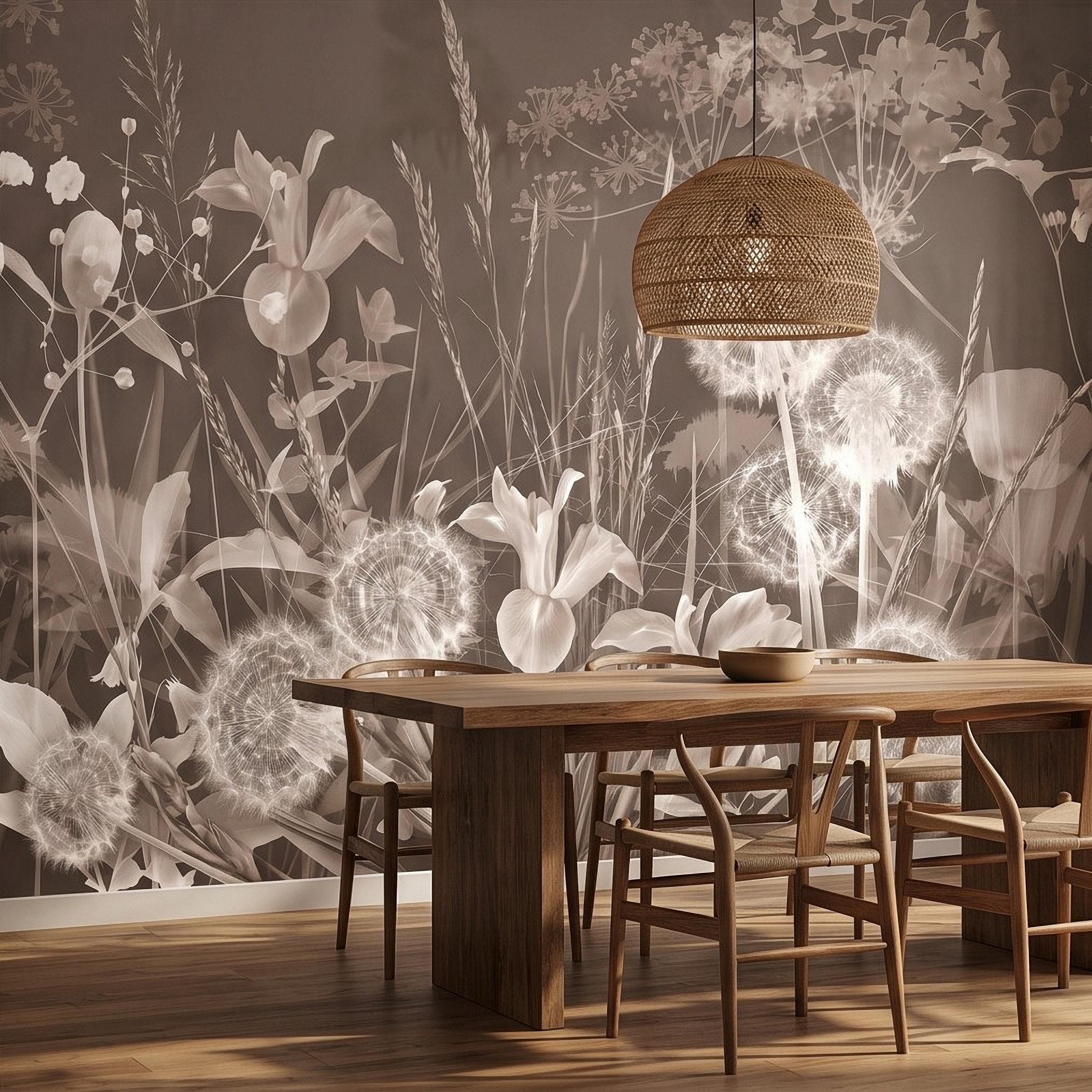 Neutral Sepia Meadow Botanical Peel and Stick Wall Mural, Dandelion Puffs Wildflowers & Grasses, Vintage Monochrome Cottage Floral Wallpaper