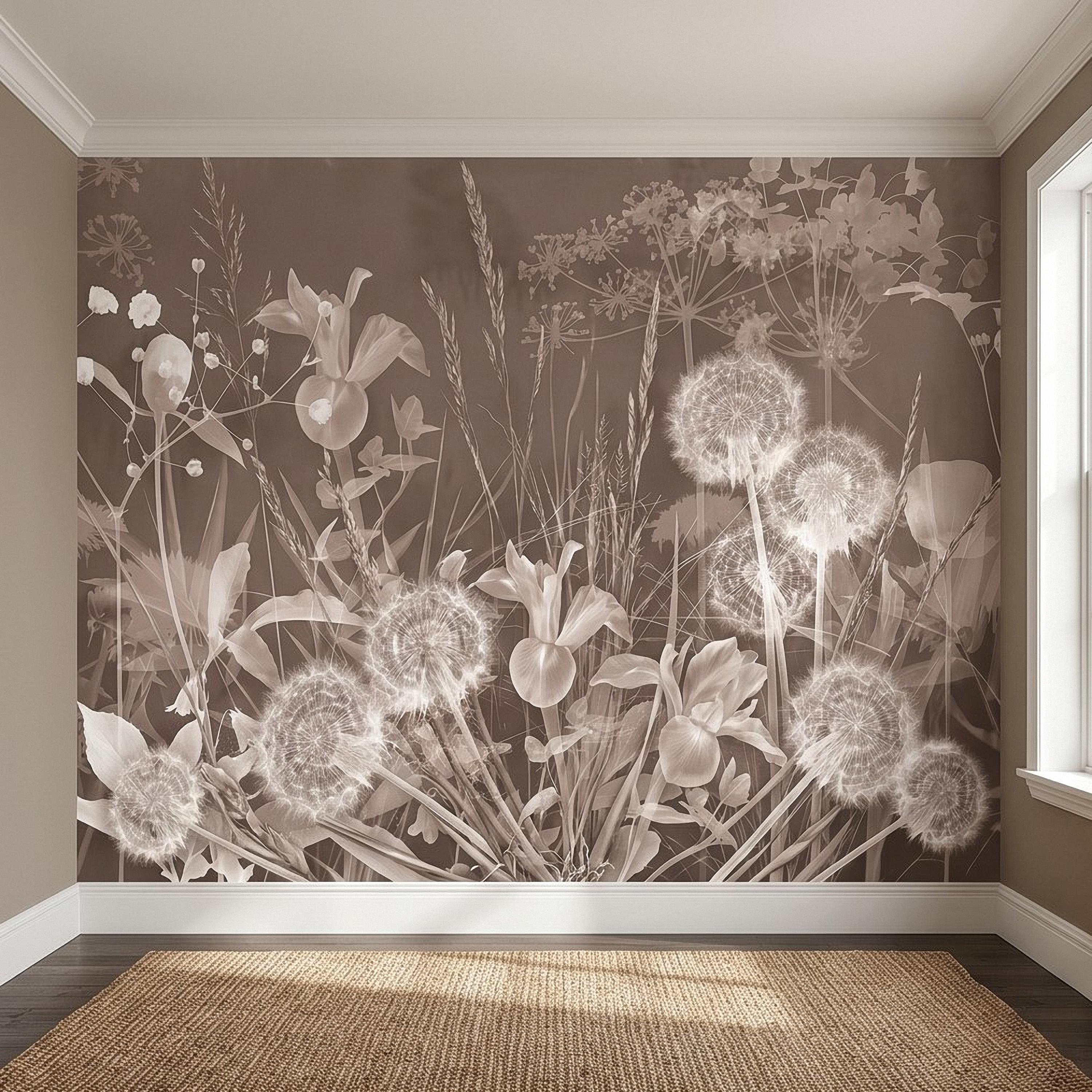 Neutral Sepia Meadow Botanical Peel and Stick Wall Mural, Dandelion Puffs Wildflowers & Grasses, Vintage Monochrome Cottage Floral Wallpaper