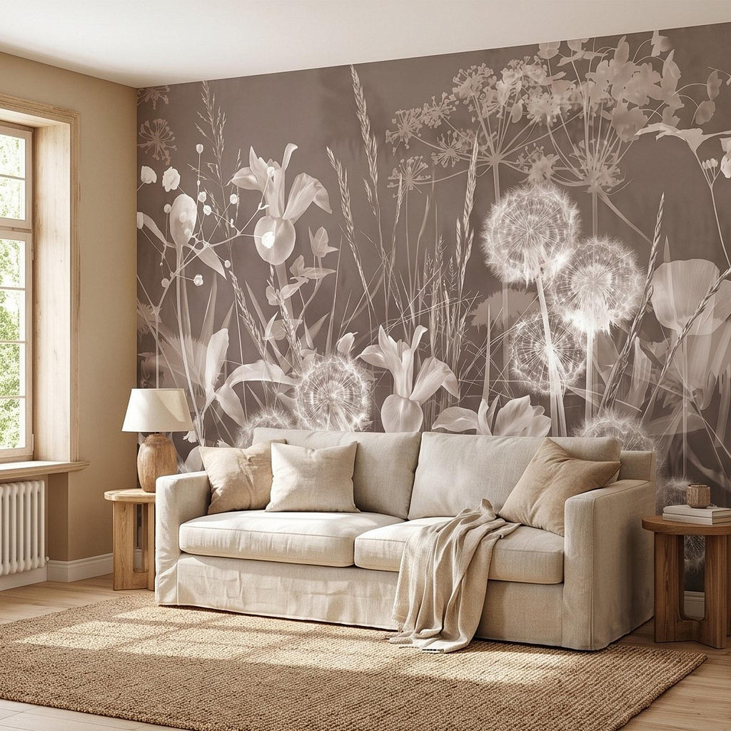 Neutral Sepia Meadow Botanical Peel and Stick Wall Mural, Dandelion Puffs Wildflowers & Grasses, Vintage Monochrome Cottage Floral Wallpaper