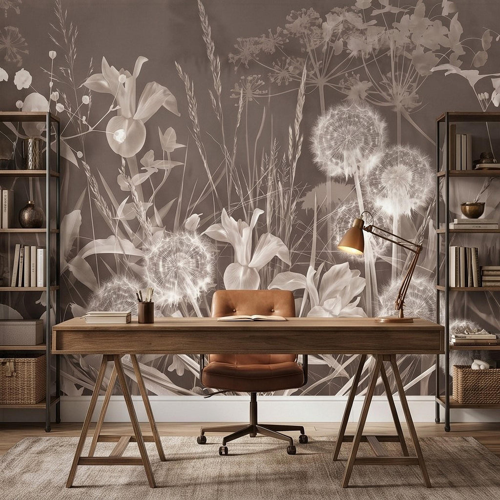 Neutral Sepia Meadow Botanical Peel and Stick Wall Mural, Dandelion Puffs Wildflowers & Grasses, Vintage Monochrome Cottage Floral Wallpaper