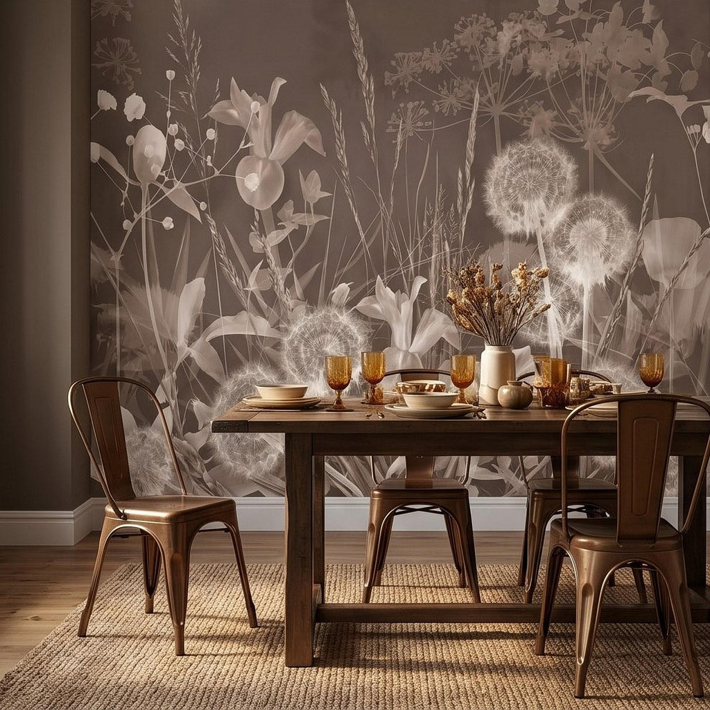 Neutral Sepia Meadow Botanical Peel and Stick Wall Mural, Dandelion Puffs Wildflowers & Grasses, Vintage Monochrome Cottage Floral Wallpaper