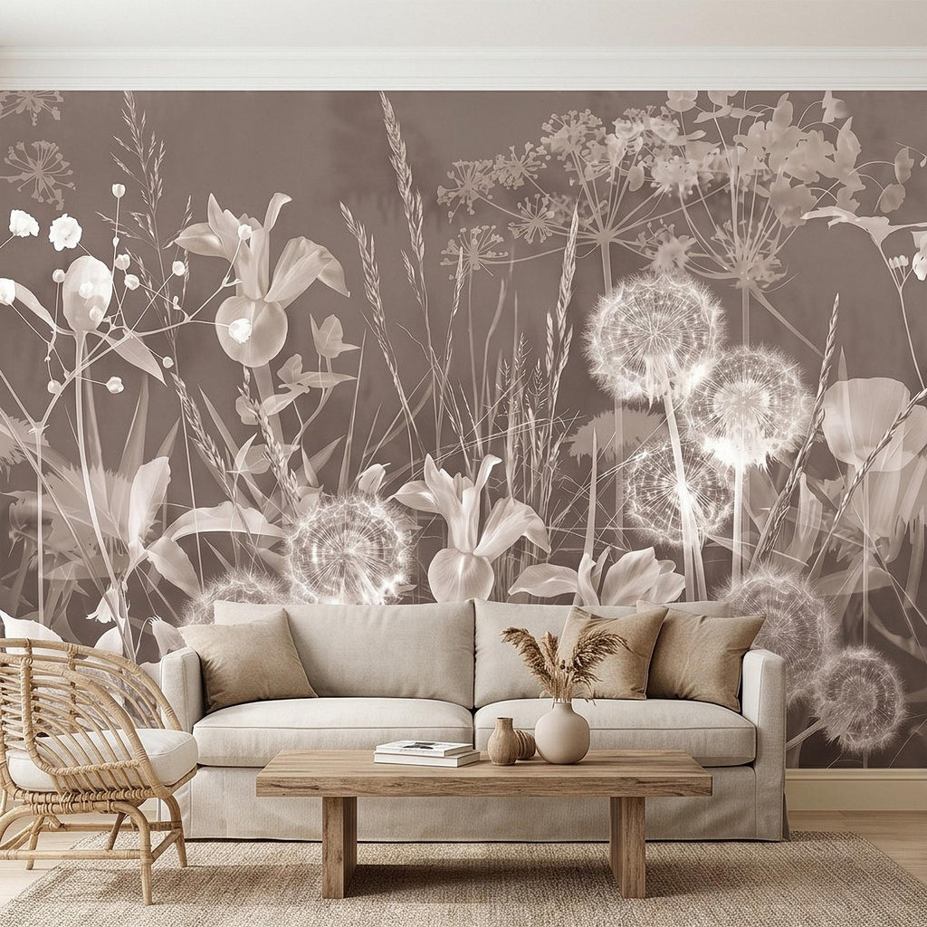 Neutral Sepia Meadow Botanical Peel and Stick Wall Mural, Dandelion Puffs Wildflowers & Grasses, Vintage Monochrome Cottage Floral Wallpaper
