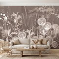 Neutral Sepia Meadow Botanical Peel and Stick Wall Mural, Dandelion Puffs Wildflowers & Grasses, Vintage Monochrome Cottage Floral Wallpaper