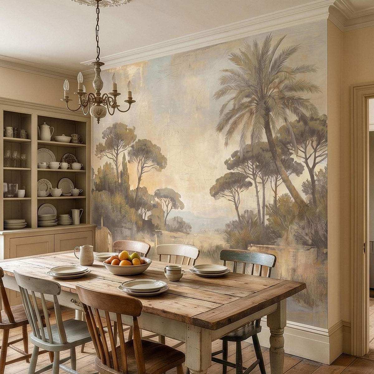 Vintage Mediterranean Landscape Peel and Stick Wall Mural, Palm Tree & Tuscan Pines, Soft Watercolor Sunset Scene, Antique Fresco Wallpaper - The Fine Art Murals
