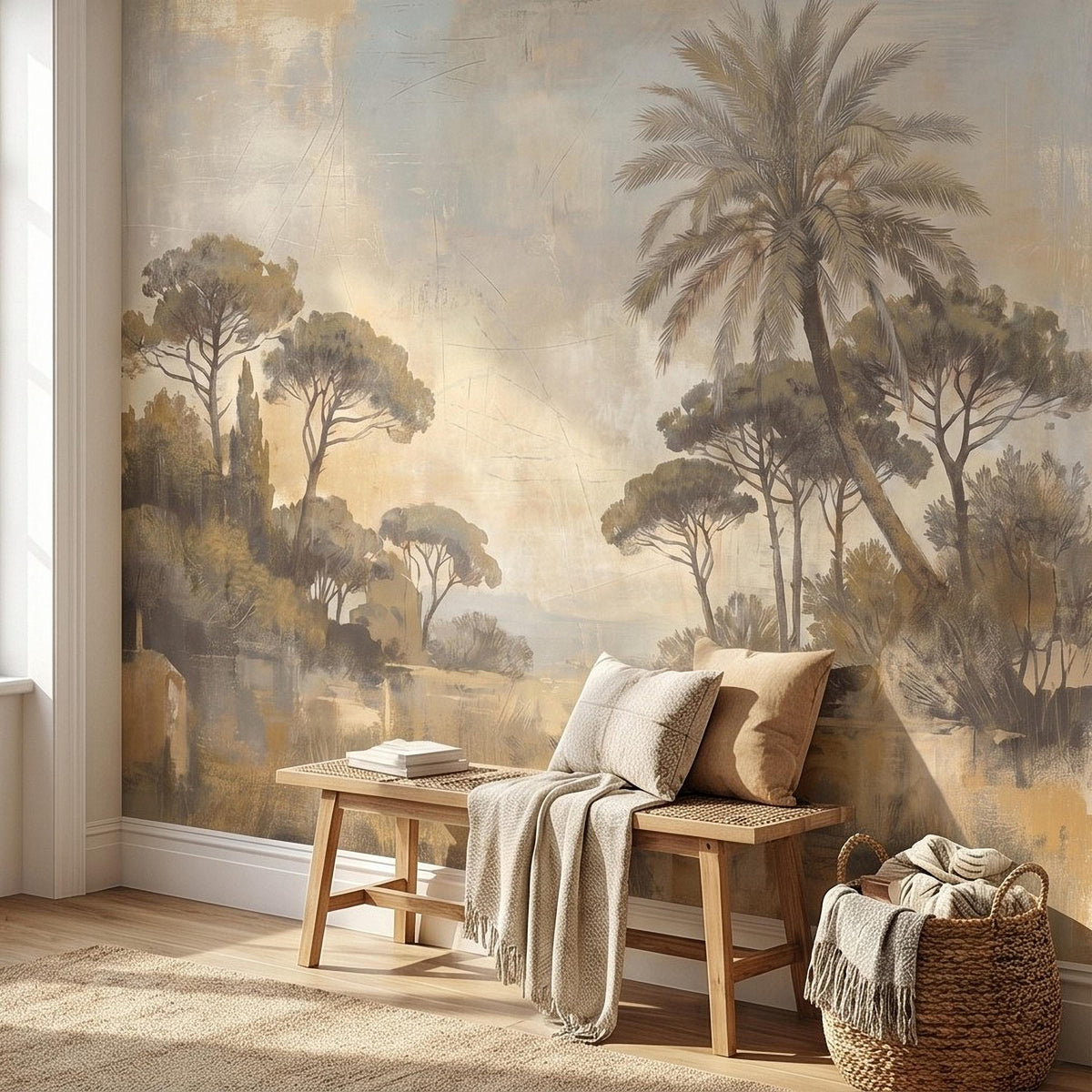 Vintage Mediterranean Landscape Peel and Stick Wall Mural, Palm Tree & Tuscan Pines, Soft Watercolor Sunset Scene, Antique Fresco Wallpaper - The Fine Art Murals